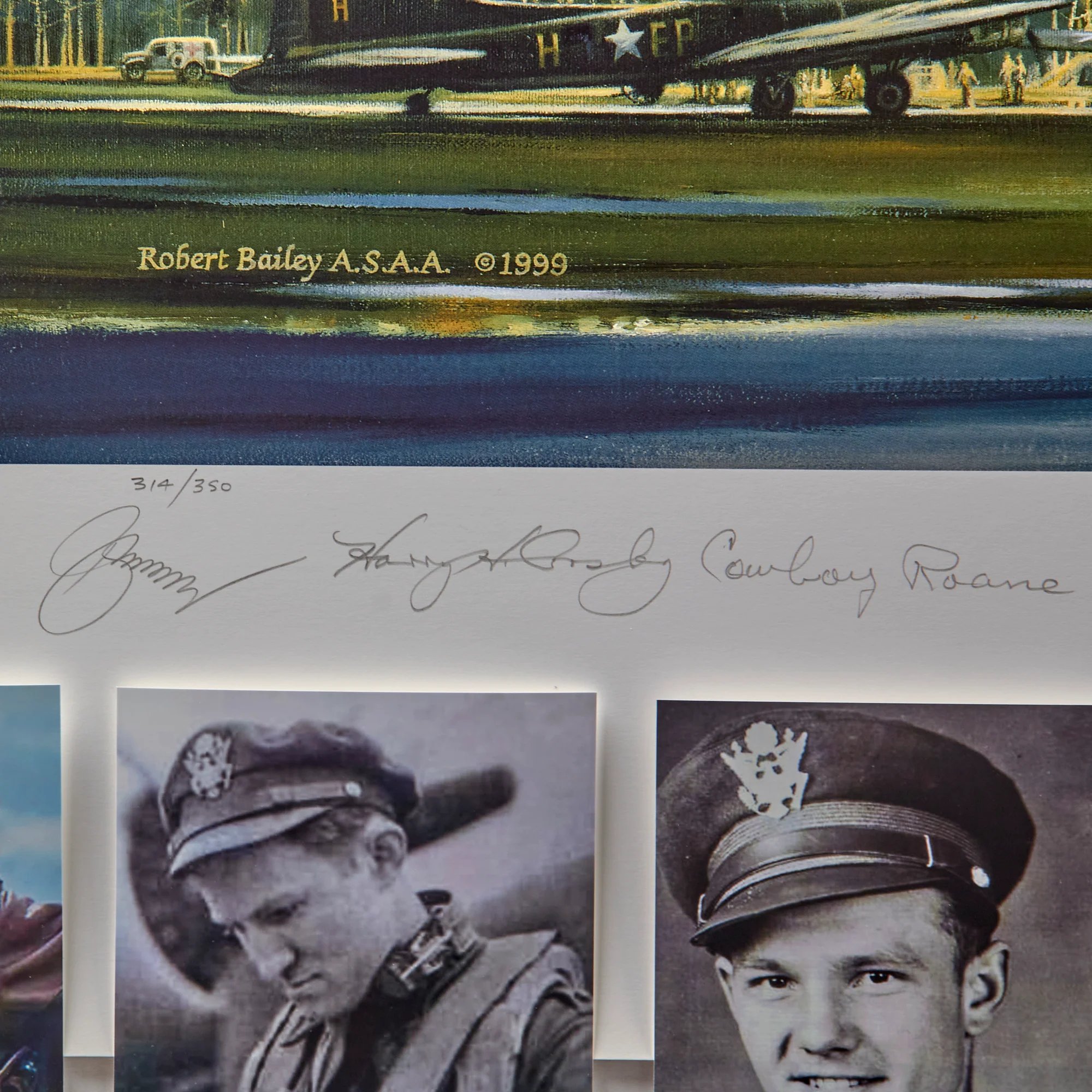 Original Signed Limited Edition Print: 'Men of the Century' by Robert Bailey Signed by 4 Famed 100th Bomb Group Airmen with Added 'Masters of the Air' Photos and Three Additional Signatures - 314/350 - 29 ¼ x 40' — image 2
