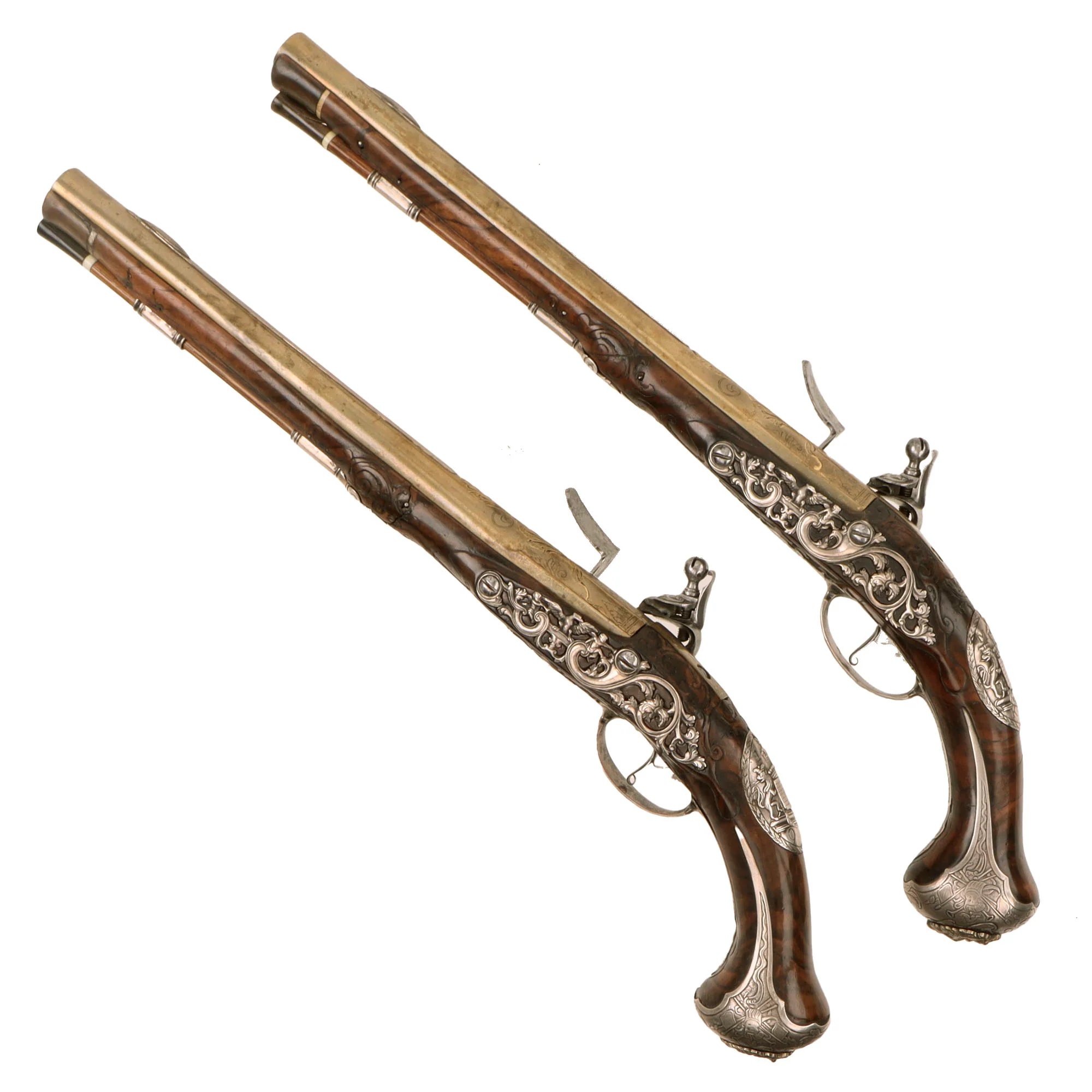 Original 1730s Silesian Polish Prussian Noble Gurowski Family Matched Pair of 22-Bore Flintlock Holster Pistols with Silver Mounts and Brass Barrels — image 10
