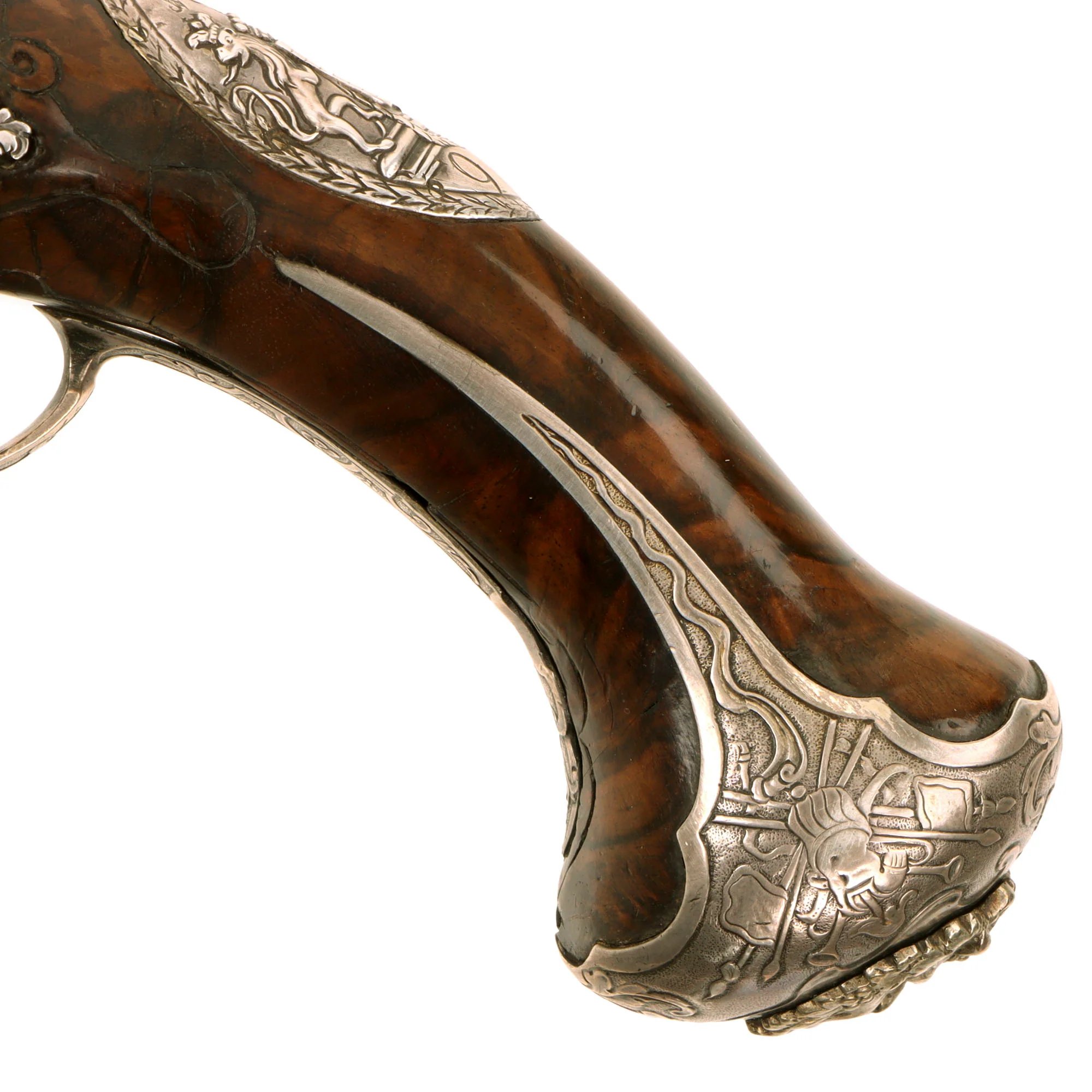 Original 1730s Silesian Polish Prussian Noble Gurowski Family Matched Pair of 22-Bore Flintlock Holster Pistols with Silver Mounts and Brass Barrels — image 11