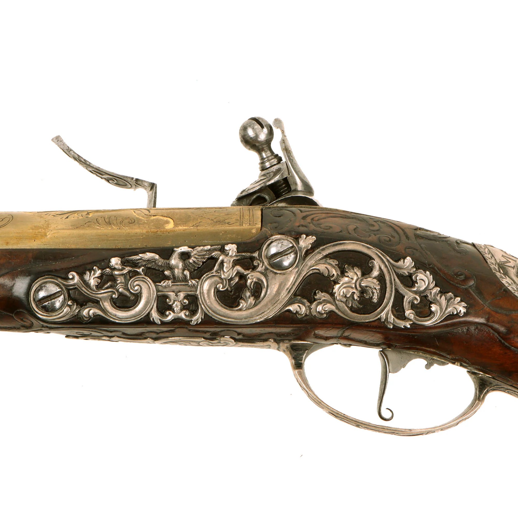 Original 1730s Silesian Polish Prussian Noble Gurowski Family Matched Pair of 22-Bore Flintlock Holster Pistols with Silver Mounts and Brass Barrels — image 12