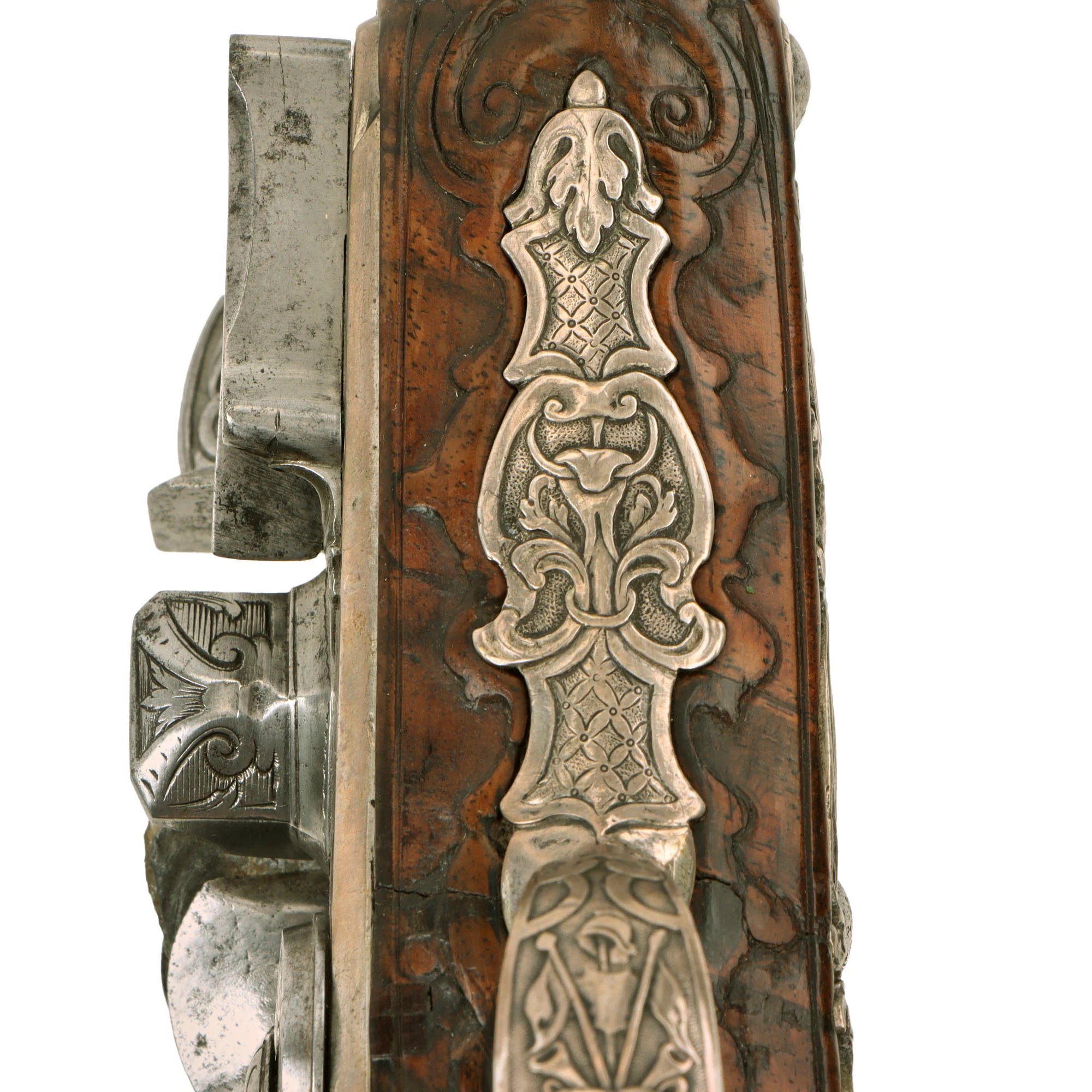 Original 1730s Silesian Polish Prussian Noble Gurowski Family Matched Pair of 22-Bore Flintlock Holster Pistols with Silver Mounts and Brass Barrels — image 13