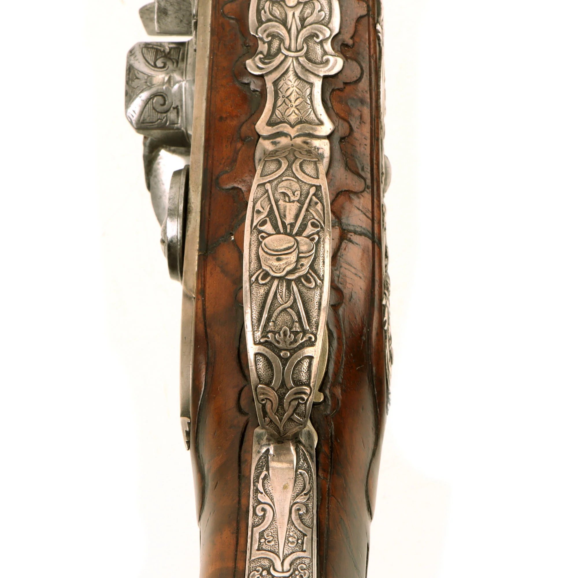 Original 1730s Silesian Polish Prussian Noble Gurowski Family Matched Pair of 22-Bore Flintlock Holster Pistols with Silver Mounts and Brass Barrels — image 14