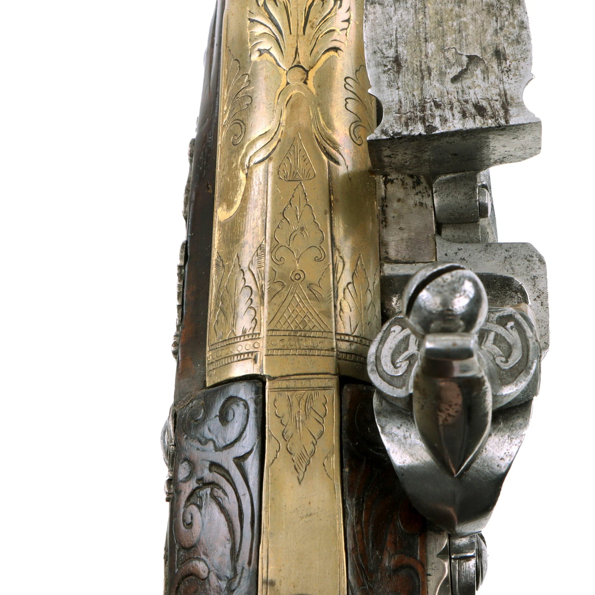 Original 1730s Silesian Polish Prussian Noble Gurowski Family Matched Pair of 22-Bore Flintlock Holster Pistols with Silver Mounts and Brass Barrels — image 15