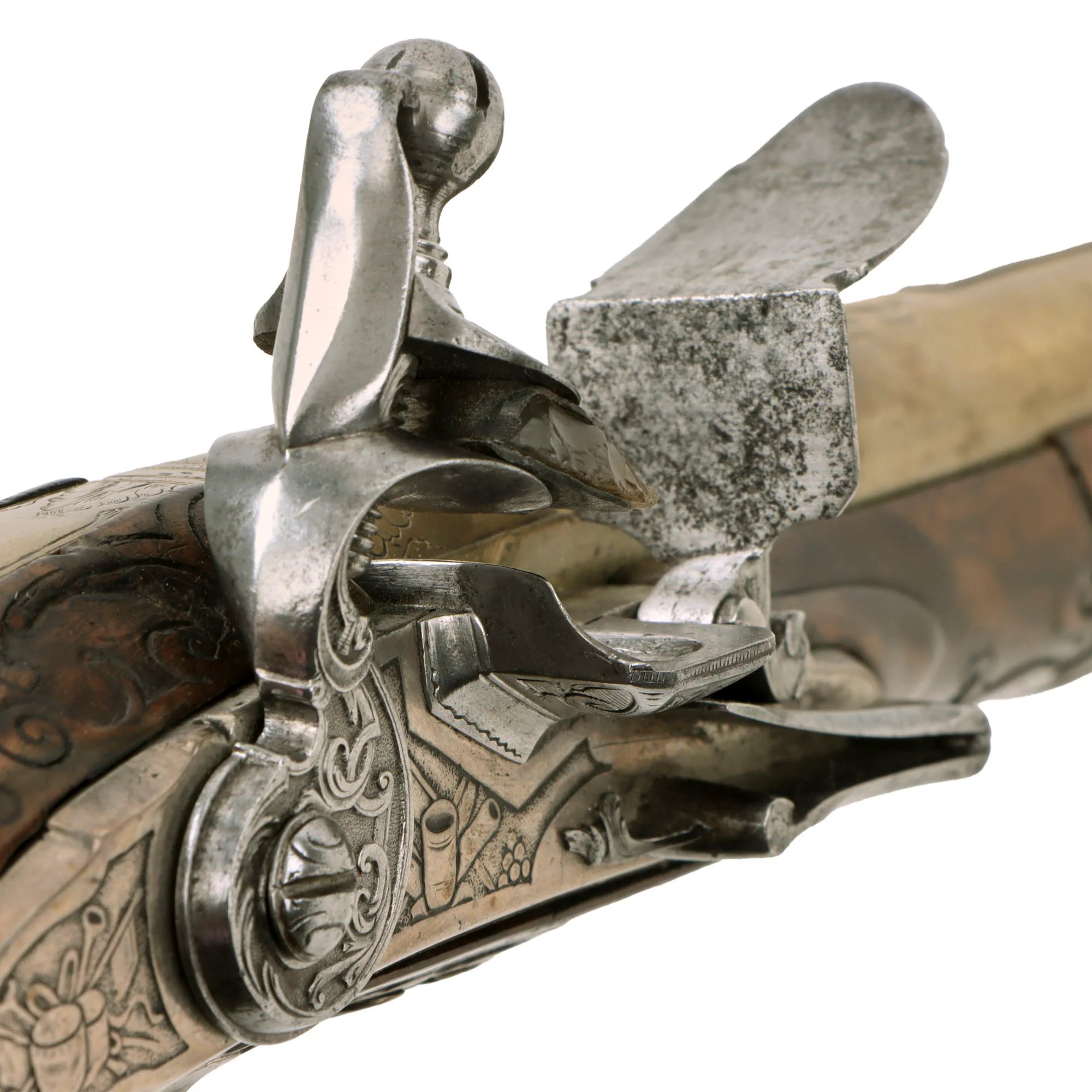 Original 1730s Silesian Polish Prussian Noble Gurowski Family Matched Pair of 22-Bore Flintlock Holster Pistols with Silver Mounts and Brass Barrels — image 16