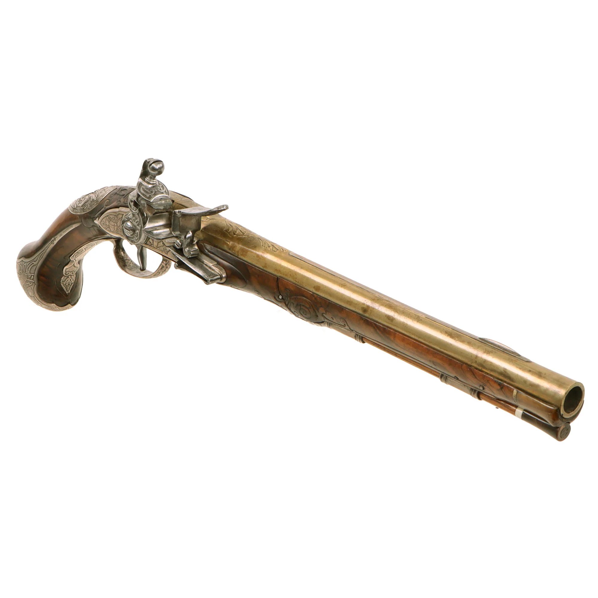 Original 1730s Silesian Polish Prussian Noble Gurowski Family Matched Pair of 22-Bore Flintlock Holster Pistols with Silver Mounts and Brass Barrels — image 17