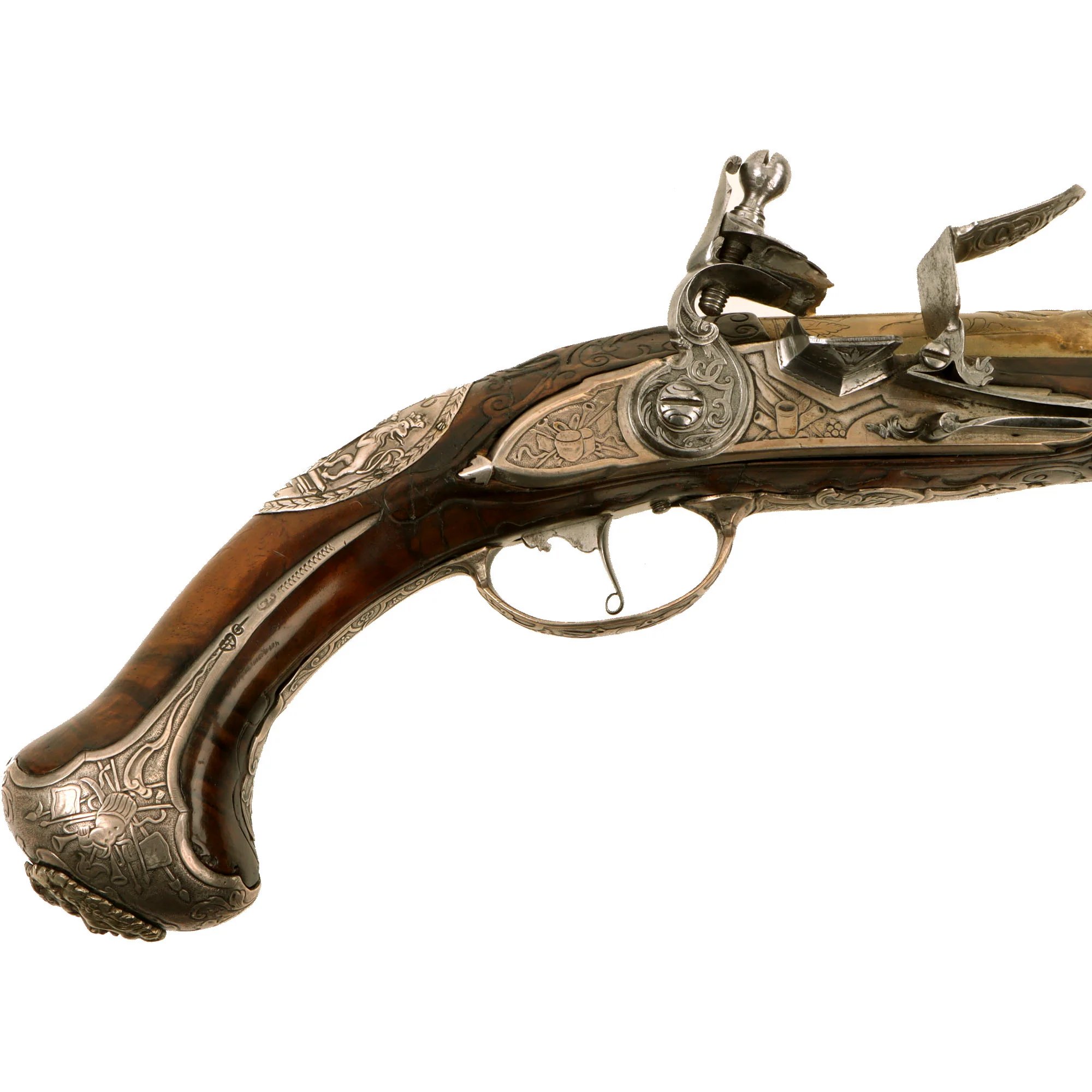Original 1730s Silesian Polish Prussian Noble Gurowski Family Matched Pair of 22-Bore Flintlock Holster Pistols with Silver Mounts and Brass Barrels — image 18