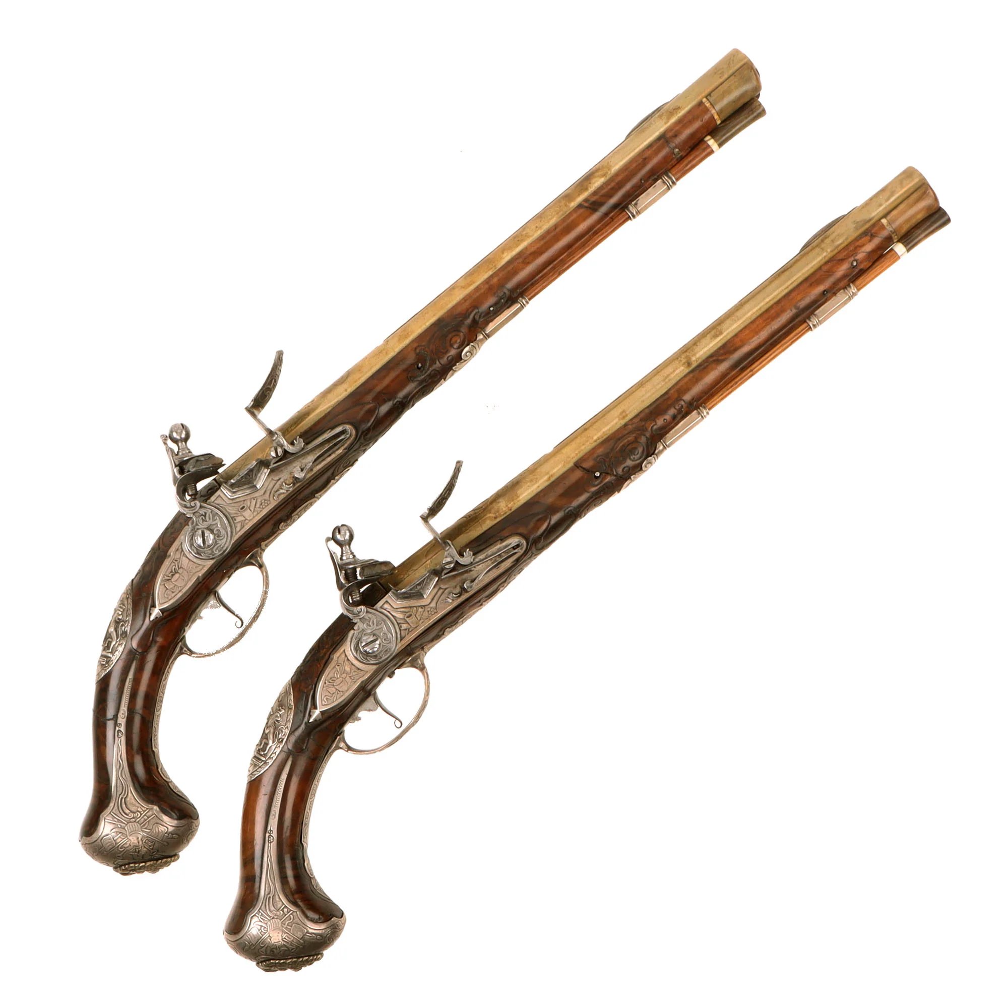 Original 1730s Silesian Polish Prussian Noble Gurowski Family Matched Pair of 22-Bore Flintlock Holster Pistols with Silver Mounts and Brass Barrels — image 2