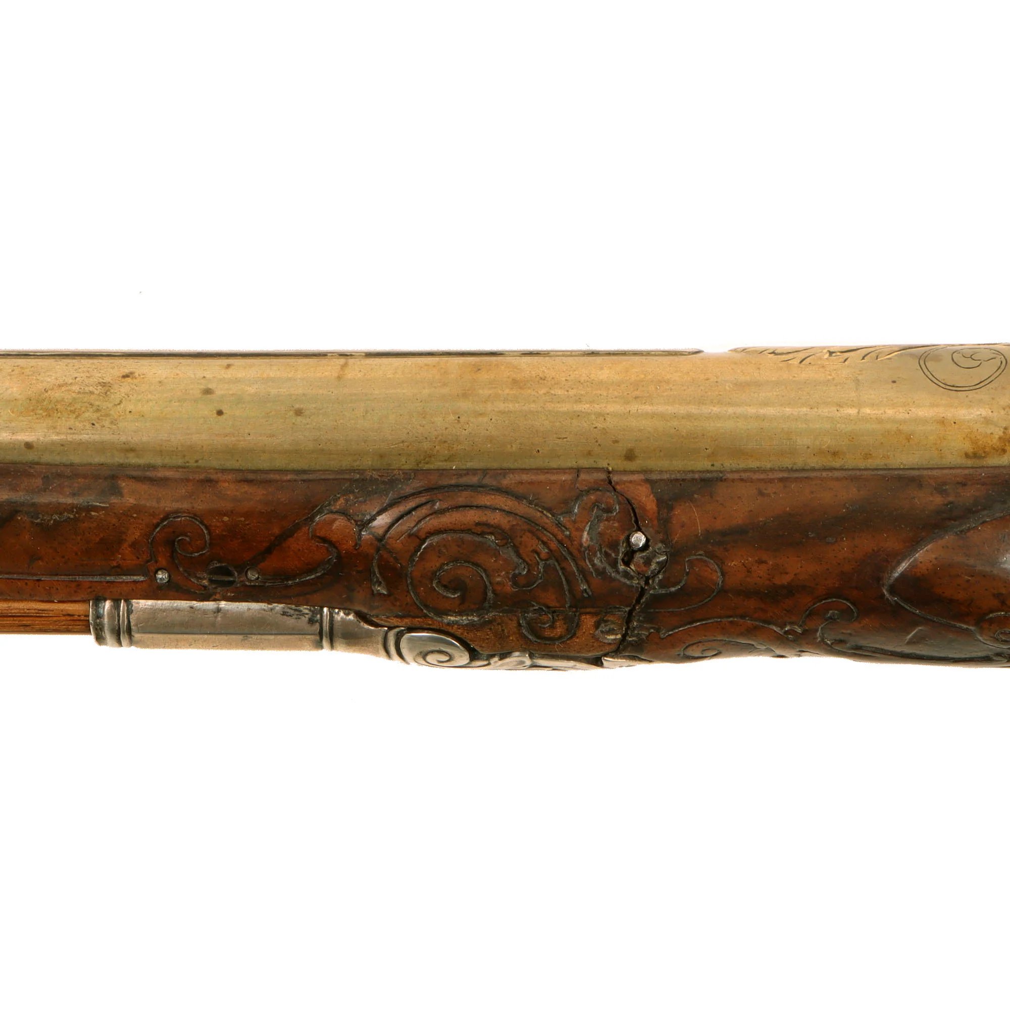 Original 1730s Silesian Polish Prussian Noble Gurowski Family Matched Pair of 22-Bore Flintlock Holster Pistols with Silver Mounts and Brass Barrels — image 22