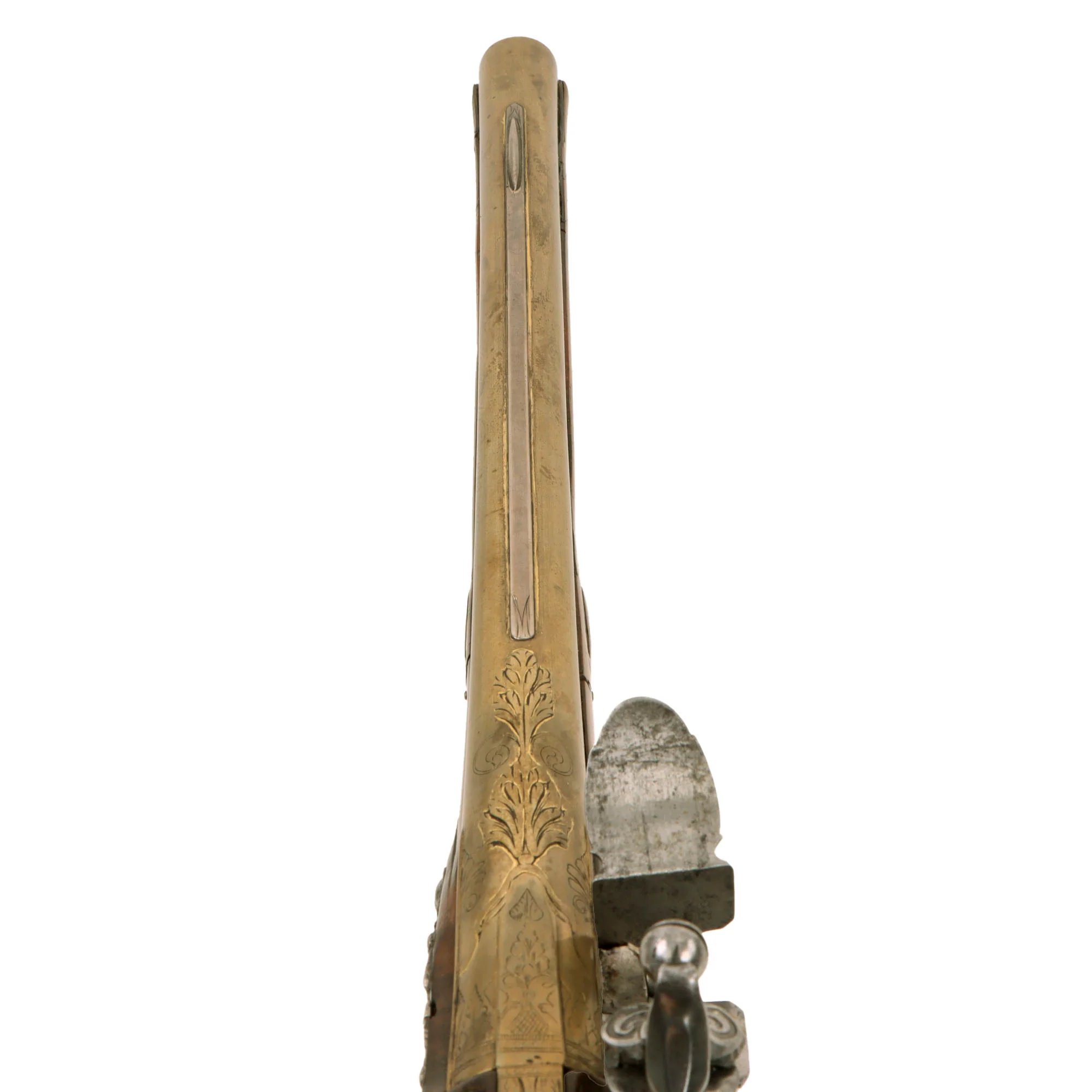 Original 1730s Silesian Polish Prussian Noble Gurowski Family Matched Pair of 22-Bore Flintlock Holster Pistols with Silver Mounts and Brass Barrels — image 23