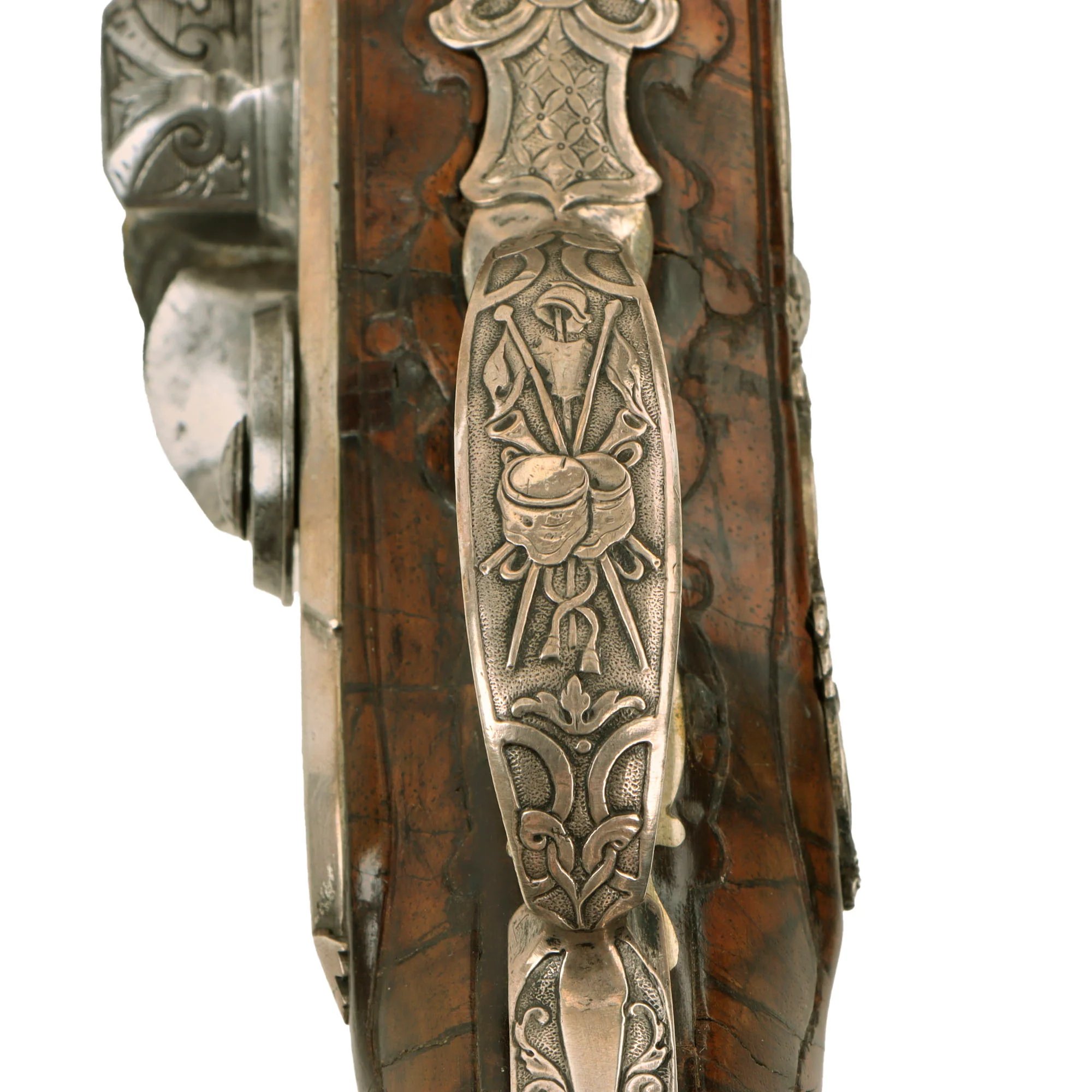 Original 1730s Silesian Polish Prussian Noble Gurowski Family Matched Pair of 22-Bore Flintlock Holster Pistols with Silver Mounts and Brass Barrels — image 24