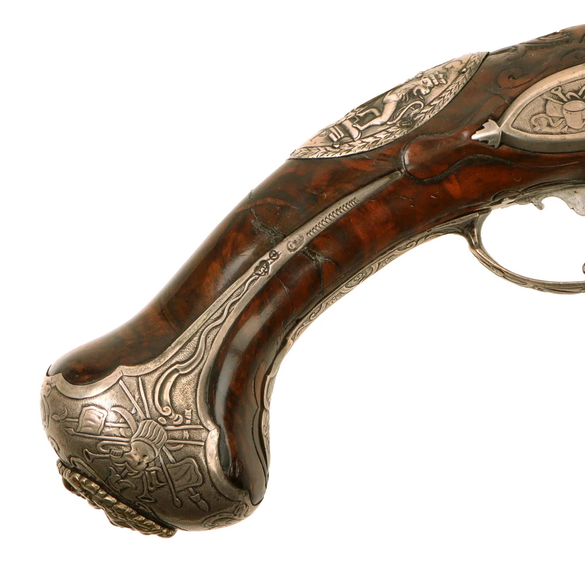 Original 1730s Silesian Polish Prussian Noble Gurowski Family Matched Pair of 22-Bore Flintlock Holster Pistols with Silver Mounts and Brass Barrels — image 26