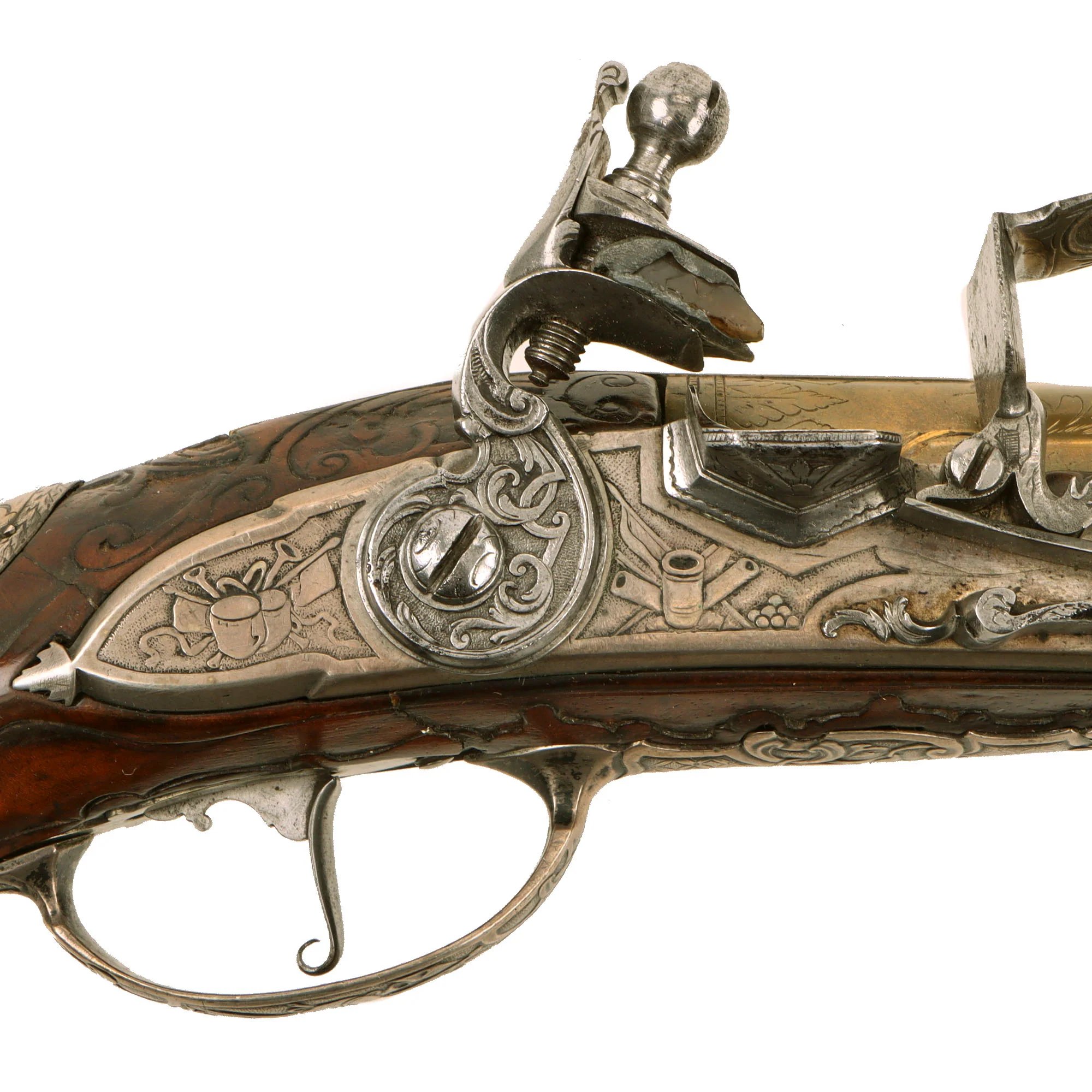 Original 1730s Silesian Polish Prussian Noble Gurowski Family Matched Pair of 22-Bore Flintlock Holster Pistols with Silver Mounts and Brass Barrels — image 27