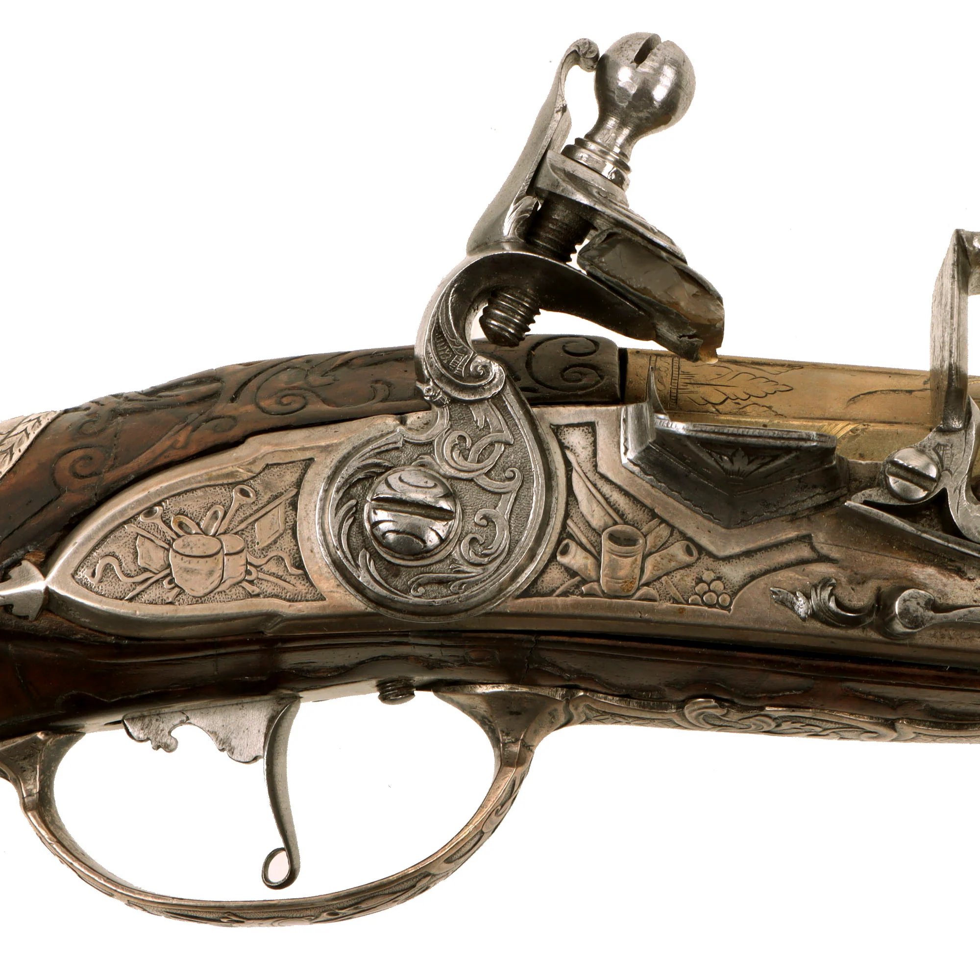 Original 1730s Silesian Polish Prussian Noble Gurowski Family Matched Pair of 22-Bore Flintlock Holster Pistols with Silver Mounts and Brass Barrels — image 3