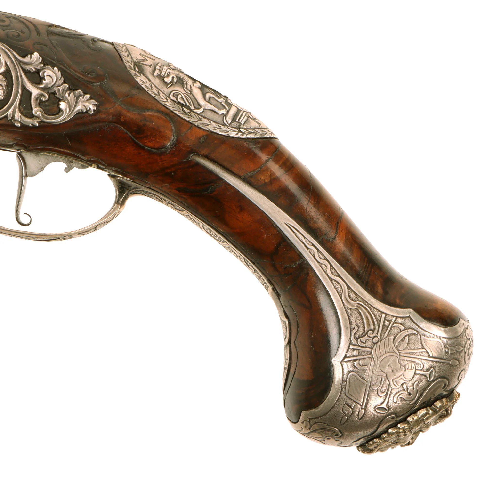 Original 1730s Silesian Polish Prussian Noble Gurowski Family Matched Pair of 22-Bore Flintlock Holster Pistols with Silver Mounts and Brass Barrels — image 30