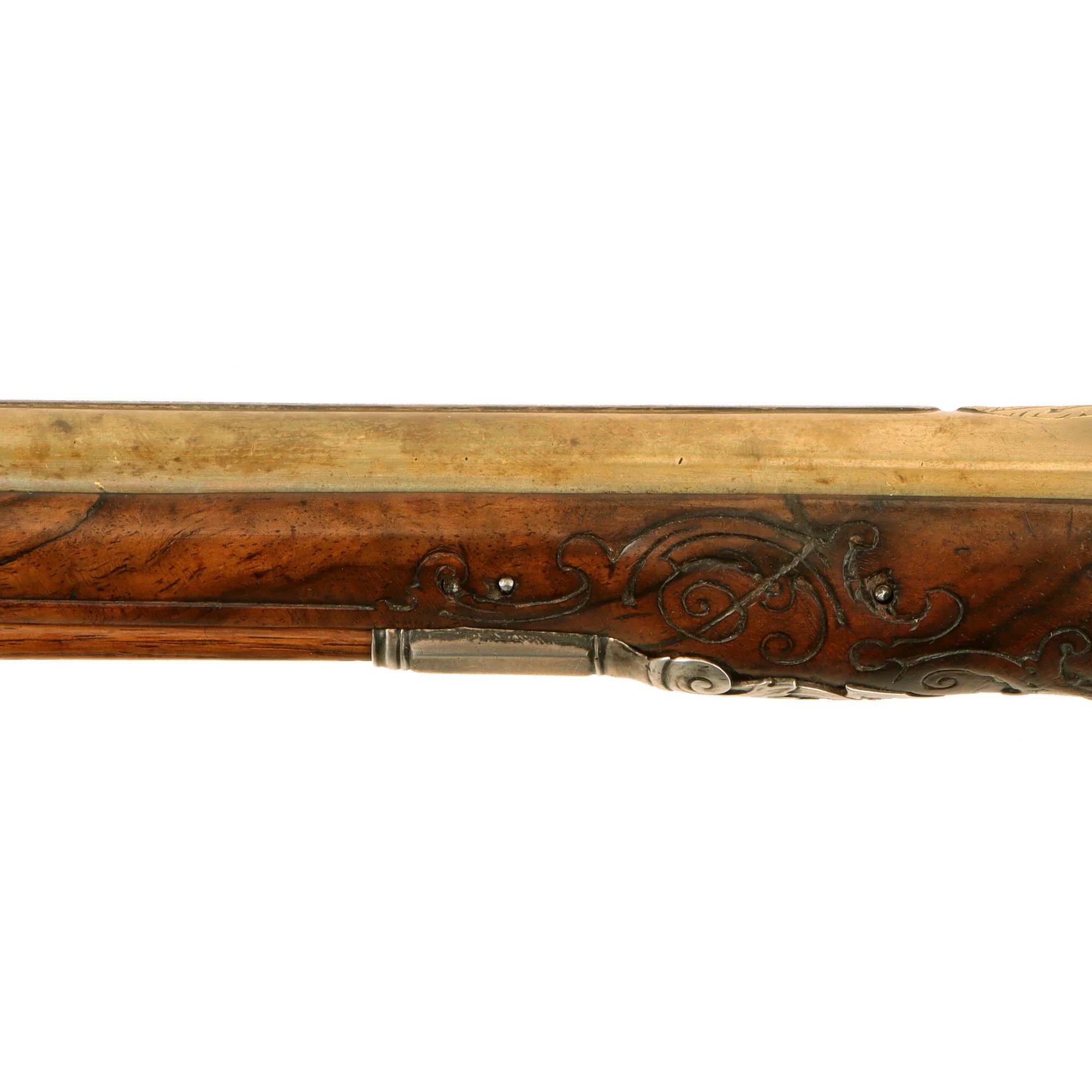 Original 1730s Silesian Polish Prussian Noble Gurowski Family Matched Pair of 22-Bore Flintlock Holster Pistols with Silver Mounts and Brass Barrels — image 31