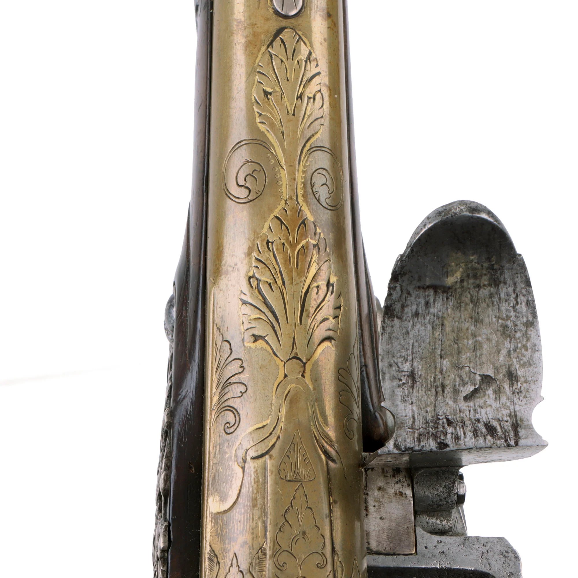 Original 1730s Silesian Polish Prussian Noble Gurowski Family Matched Pair of 22-Bore Flintlock Holster Pistols with Silver Mounts and Brass Barrels — image 34