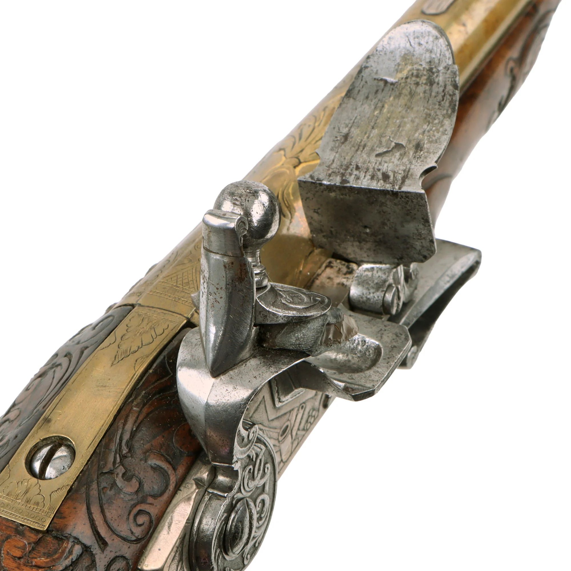Original 1730s Silesian Polish Prussian Noble Gurowski Family Matched Pair of 22-Bore Flintlock Holster Pistols with Silver Mounts and Brass Barrels — image 35