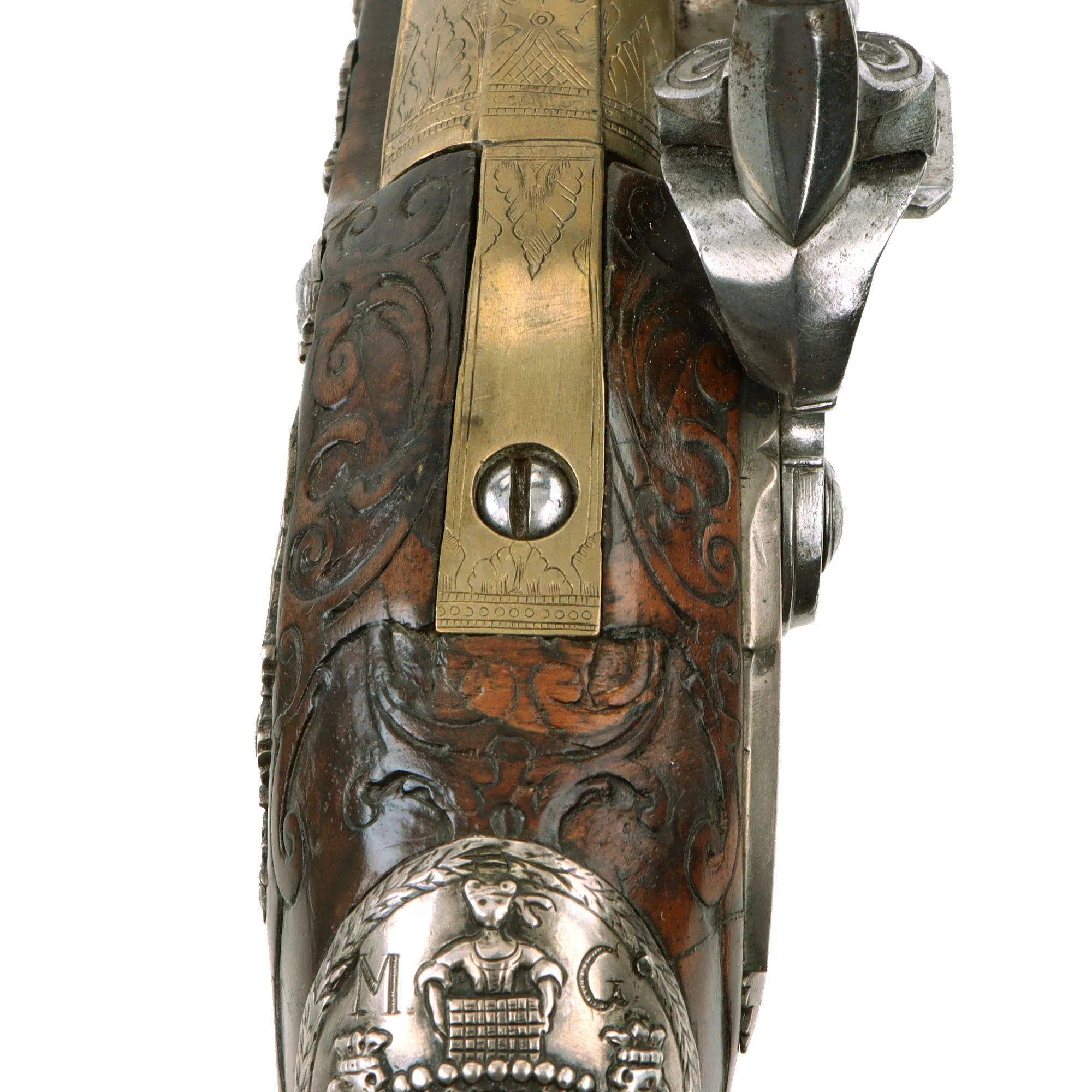 Original 1730s Silesian Polish Prussian Noble Gurowski Family Matched Pair of 22-Bore Flintlock Holster Pistols with Silver Mounts and Brass Barrels — image 36