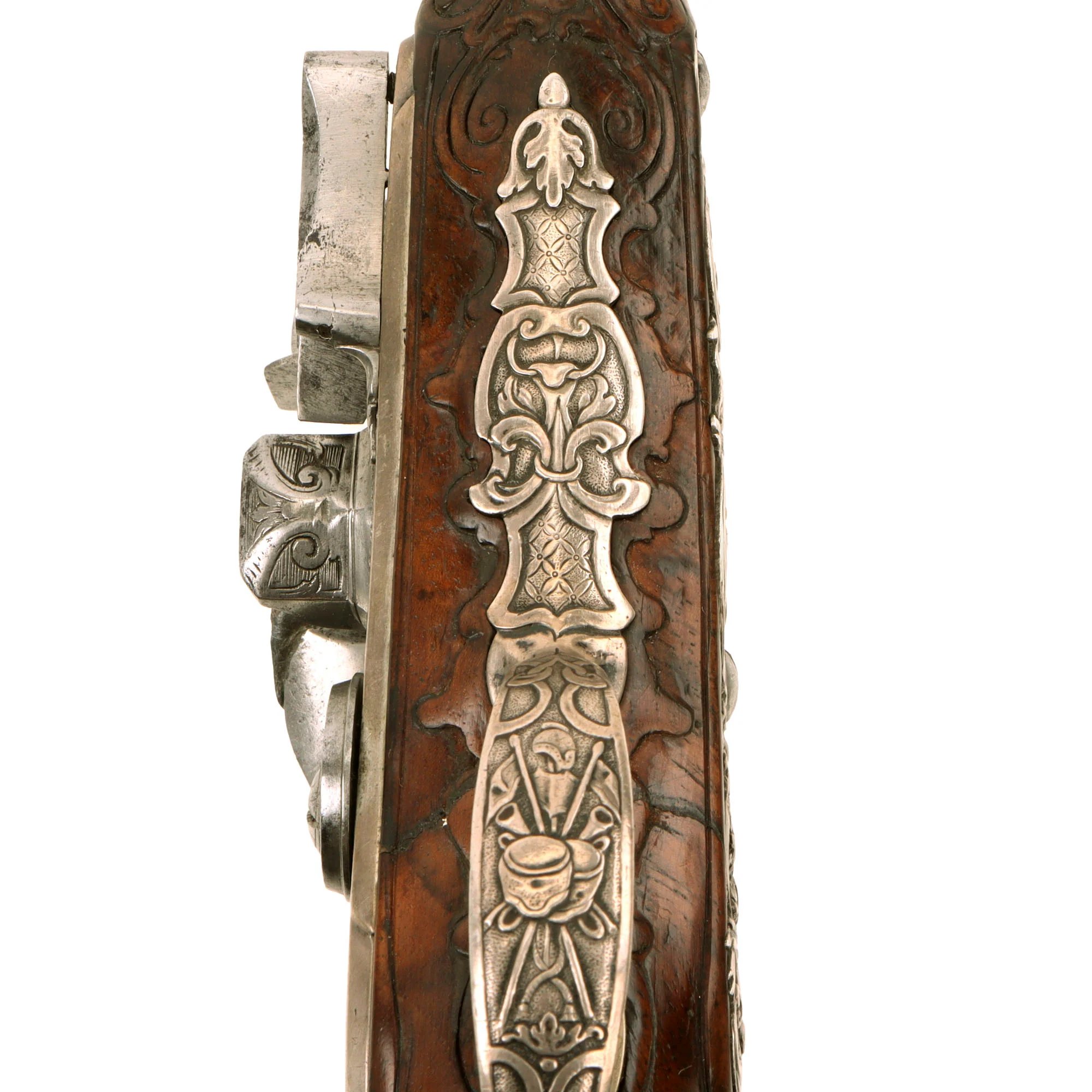 Original 1730s Silesian Polish Prussian Noble Gurowski Family Matched Pair of 22-Bore Flintlock Holster Pistols with Silver Mounts and Brass Barrels — image 38