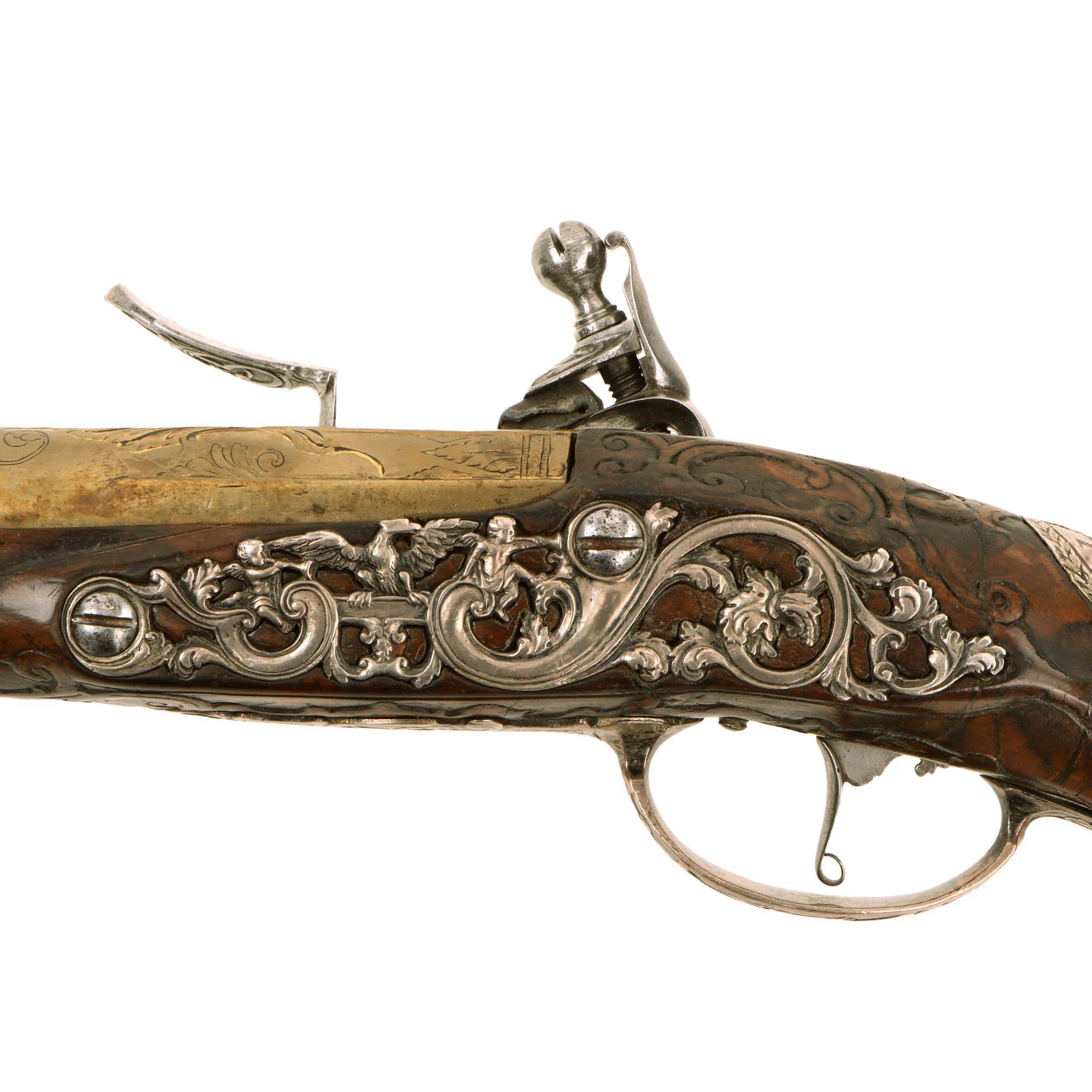 Original 1730s Silesian Polish Prussian Noble Gurowski Family Matched Pair of 22-Bore Flintlock Holster Pistols with Silver Mounts and Brass Barrels — image 4