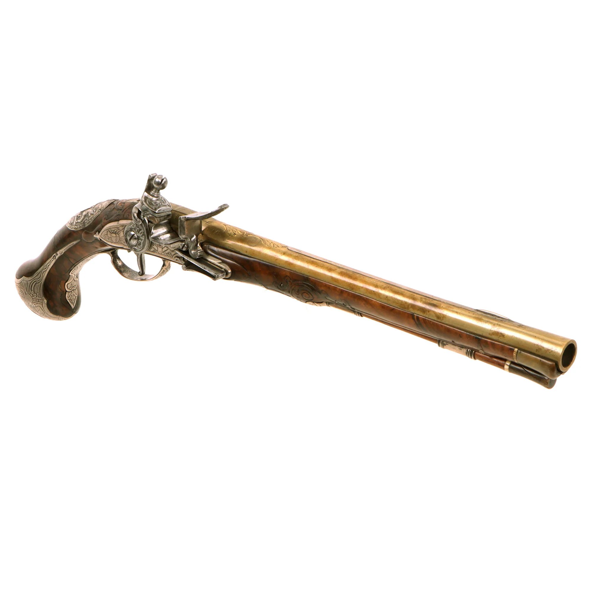 Original 1730s Silesian Polish Prussian Noble Gurowski Family Matched Pair of 22-Bore Flintlock Holster Pistols with Silver Mounts and Brass Barrels — image 40