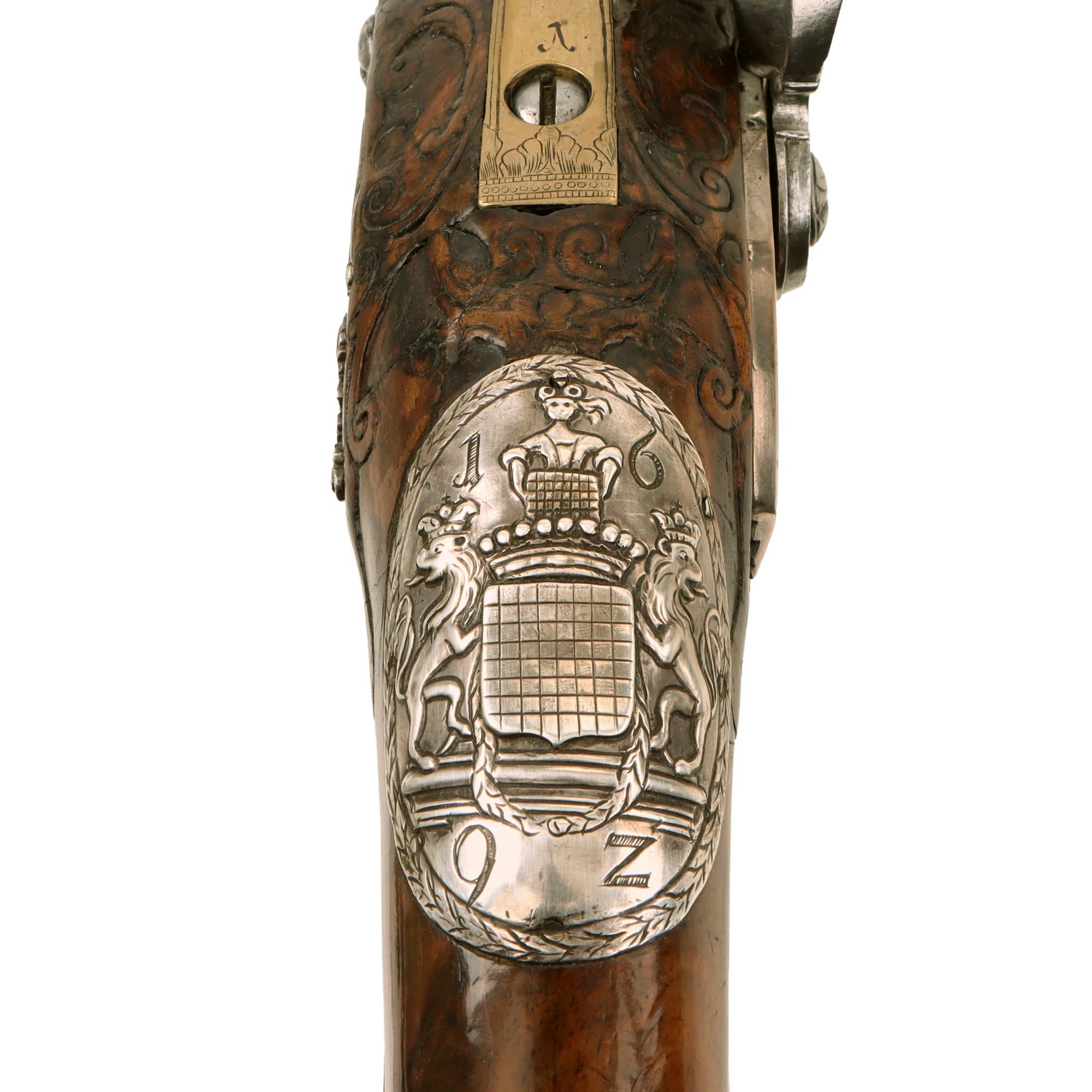 Original 1730s Silesian Polish Prussian Noble Gurowski Family Matched Pair of 22-Bore Flintlock Holster Pistols with Silver Mounts and Brass Barrels — image 5