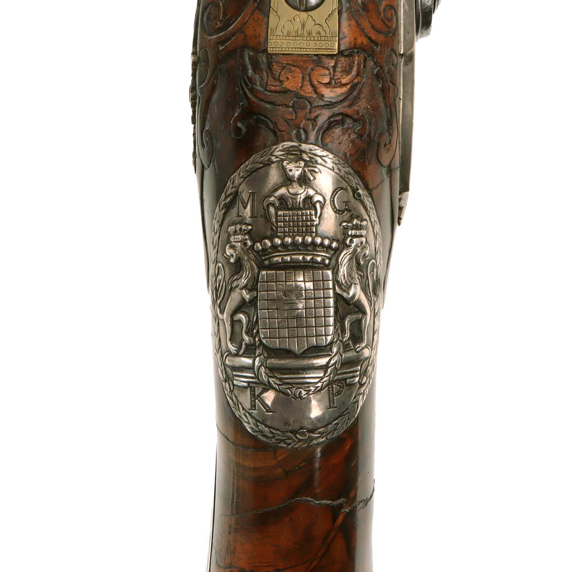 Original 1730s Silesian Polish Prussian Noble Gurowski Family Matched Pair of 22-Bore Flintlock Holster Pistols with Silver Mounts and Brass Barrels — image 6