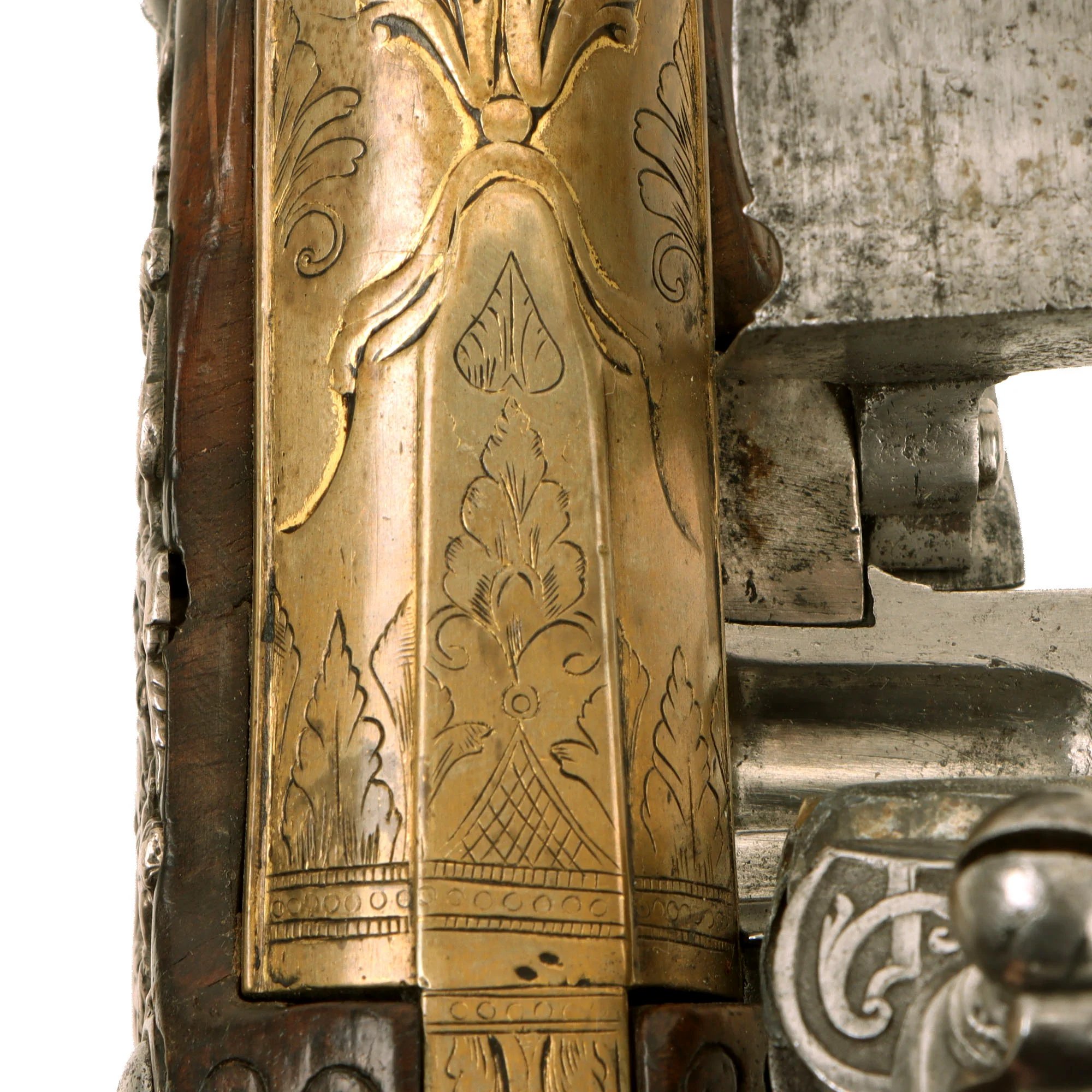 Original 1730s Silesian Polish Prussian Noble Gurowski Family Matched Pair of 22-Bore Flintlock Holster Pistols with Silver Mounts and Brass Barrels — image 8