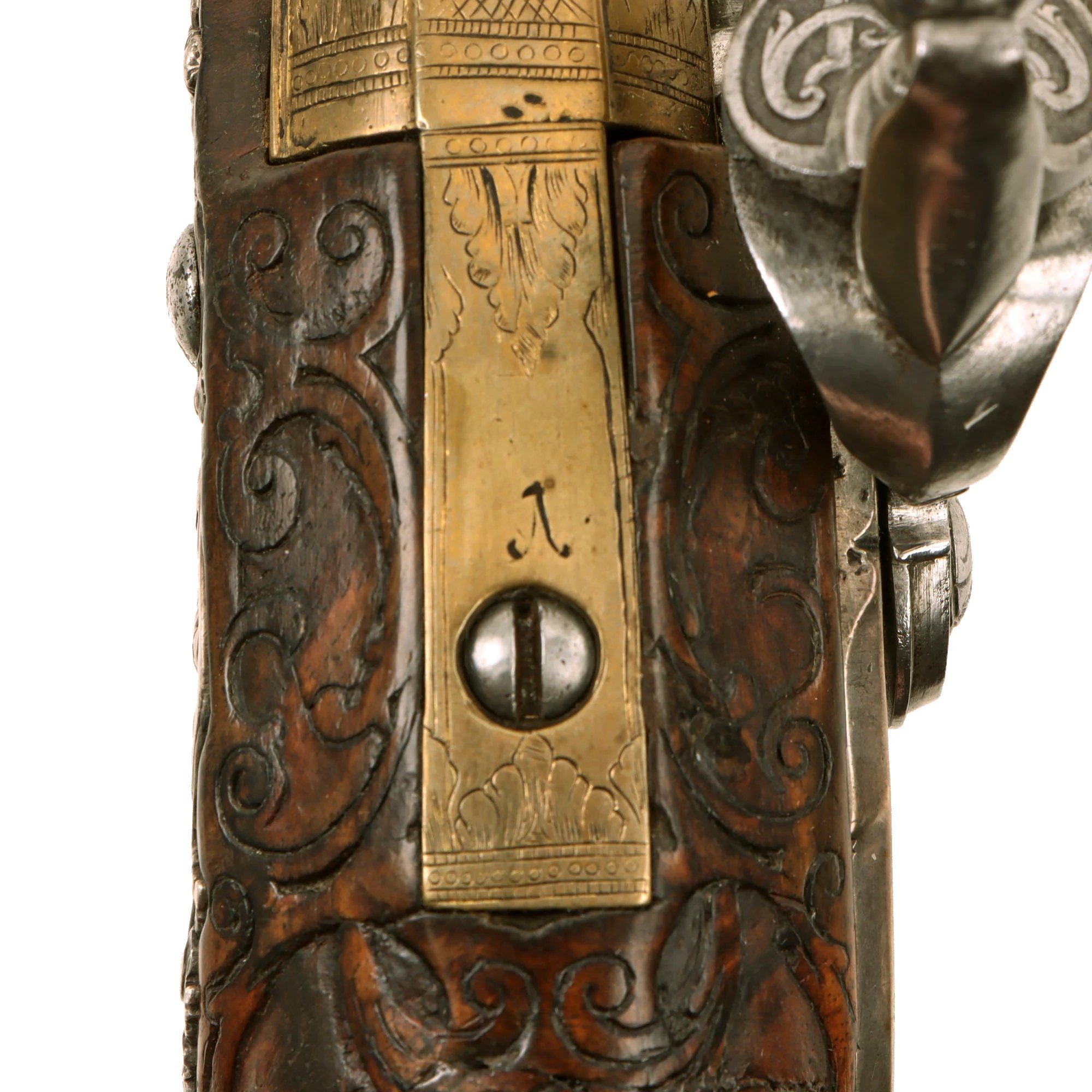 Original 1730s Silesian Polish Prussian Noble Gurowski Family Matched Pair of 22-Bore Flintlock Holster Pistols with Silver Mounts and Brass Barrels — image 9