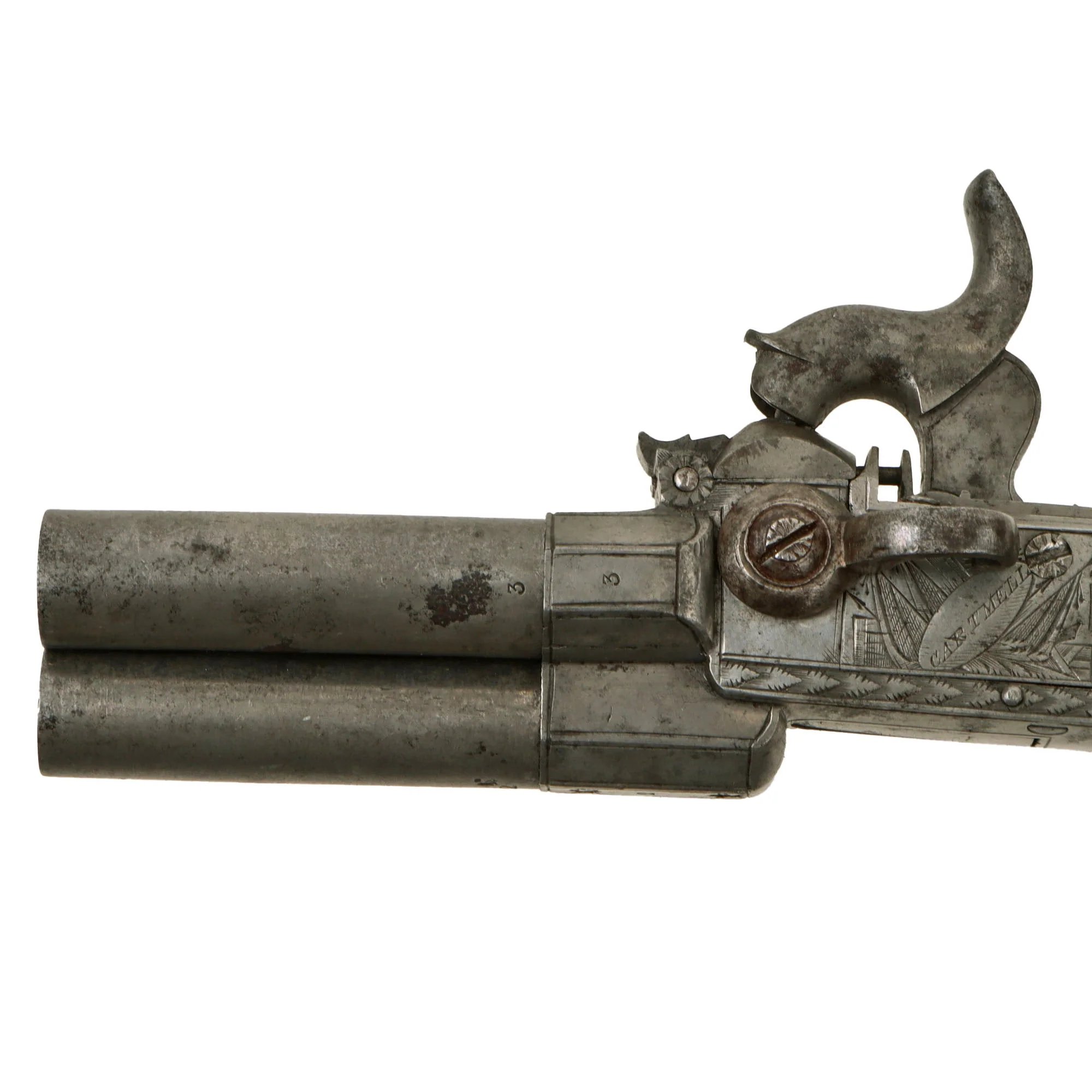 Original British Triple Barrel Percussion Converted Boxlock Tap Action Pistol by Thomas Cartmell of Doncaster - circa 1820 — image 10