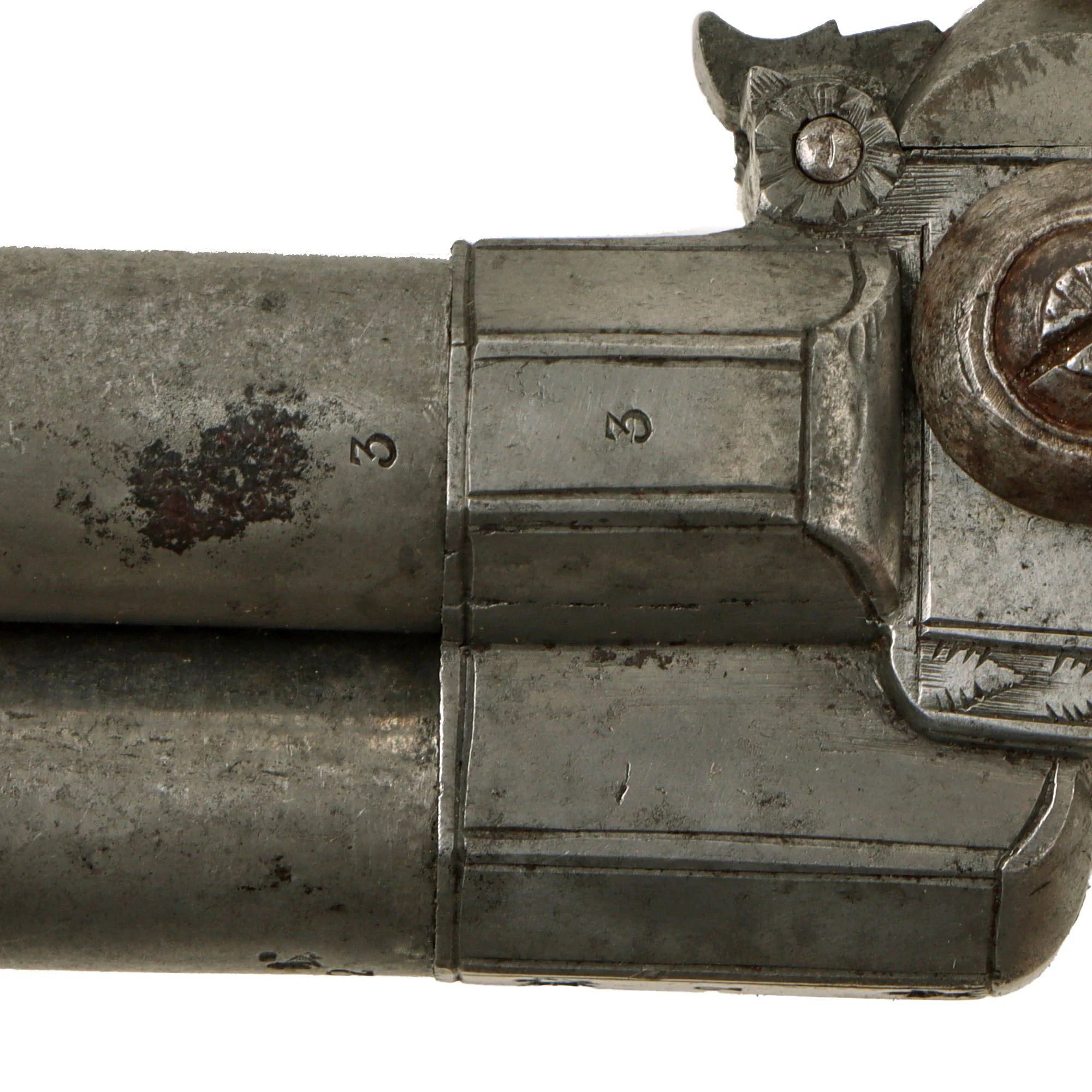 Original British Triple Barrel Percussion Converted Boxlock Tap Action Pistol by Thomas Cartmell of Doncaster - circa 1820 — image 7