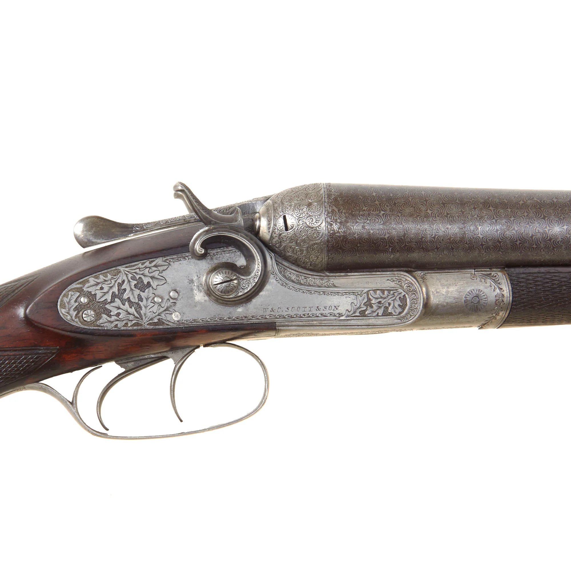Original British 12 Bore Double Damascus Barrel Hammer Shotgun by W. & C. Scott & Son with Figured Walnut Stock Serial 47072 - Circa 1890 — image 2