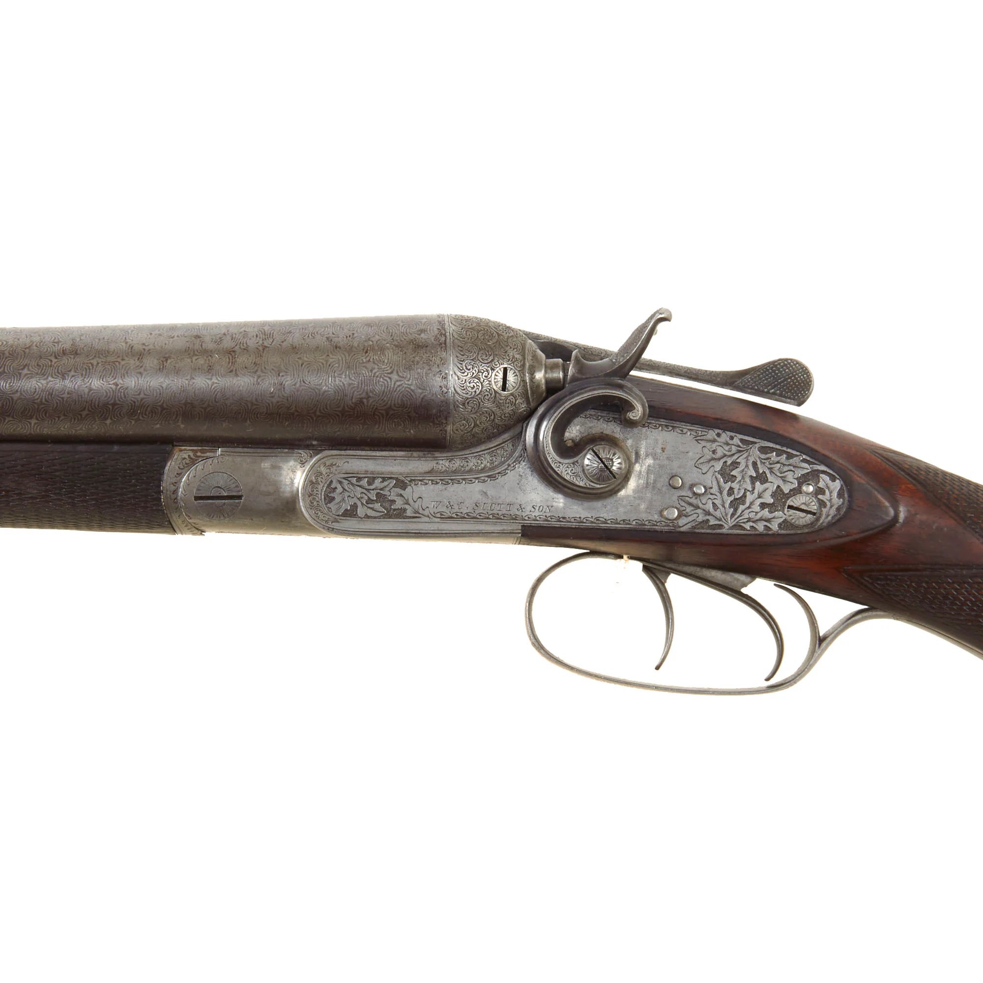 Original British 12 Bore Double Damascus Barrel Hammer Shotgun by W. & C. Scott & Son with Figured Walnut Stock Serial 47072 - Circa 1890 — image 3