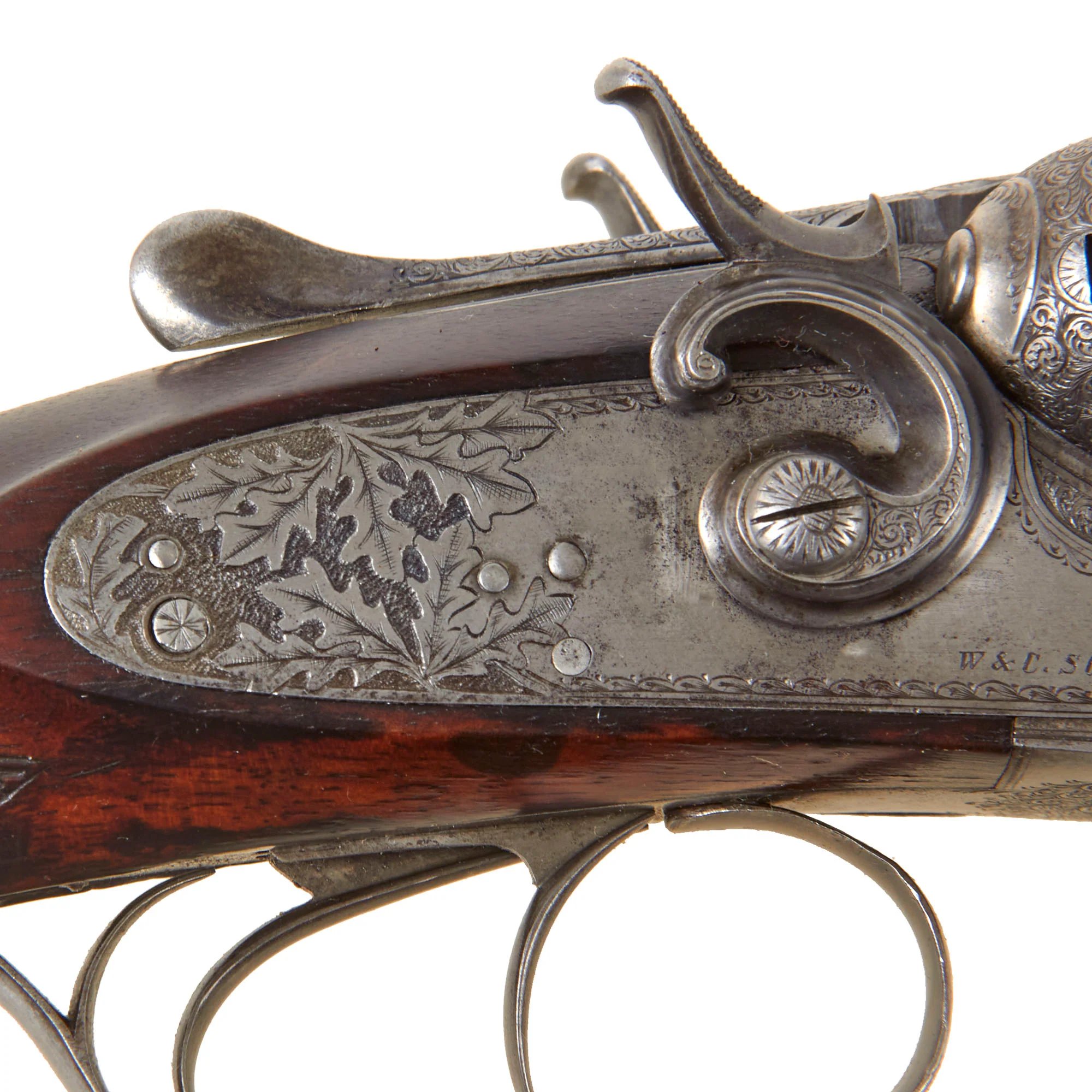 Original British 12 Bore Double Damascus Barrel Hammer Shotgun by W. & C. Scott & Son with Figured Walnut Stock Serial 47072 - Circa 1890 — image 4