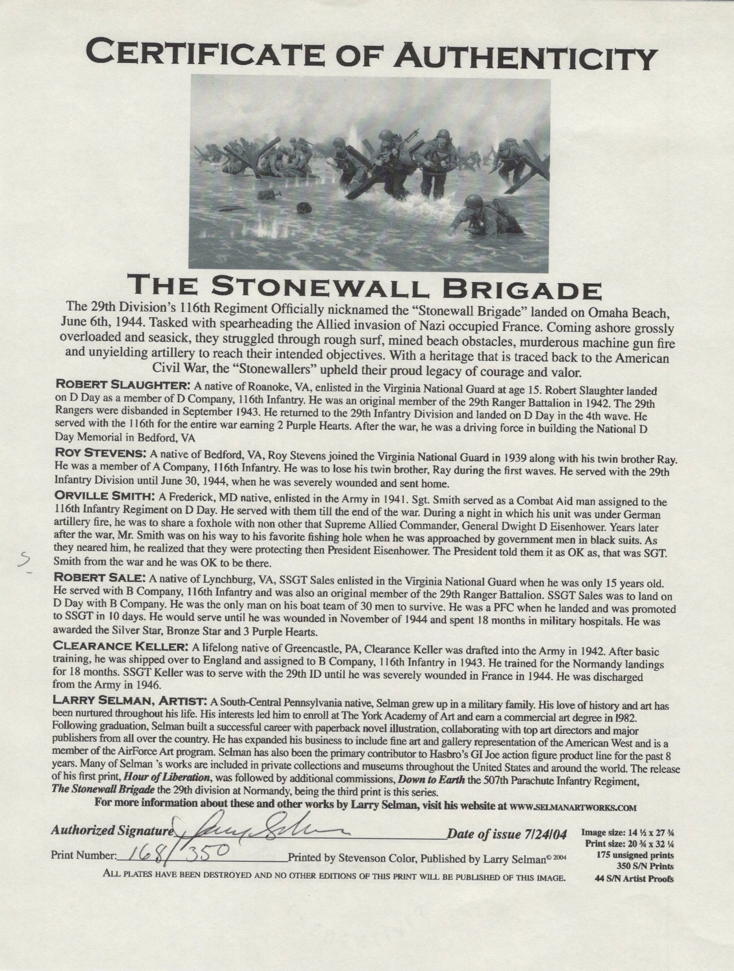 Original Signed Limited Edition Print: Framed 'The Stonewall Brigade' by Larry Selman Signed by Six Members of 116th Infantry Regiment Who Landed on D-Day 168/350 - 23 ¾ x 35 ¼' — image 3