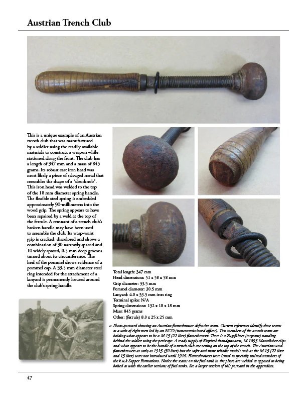 Original Austrian WWI Spring Handle Cast Iron Knob-Headed Trench Raiding Mace with Lanyard Ring - Featured in 'At Arms Length: Trench Clubs & Knives' Volume I by David F. Machnicki — image 4