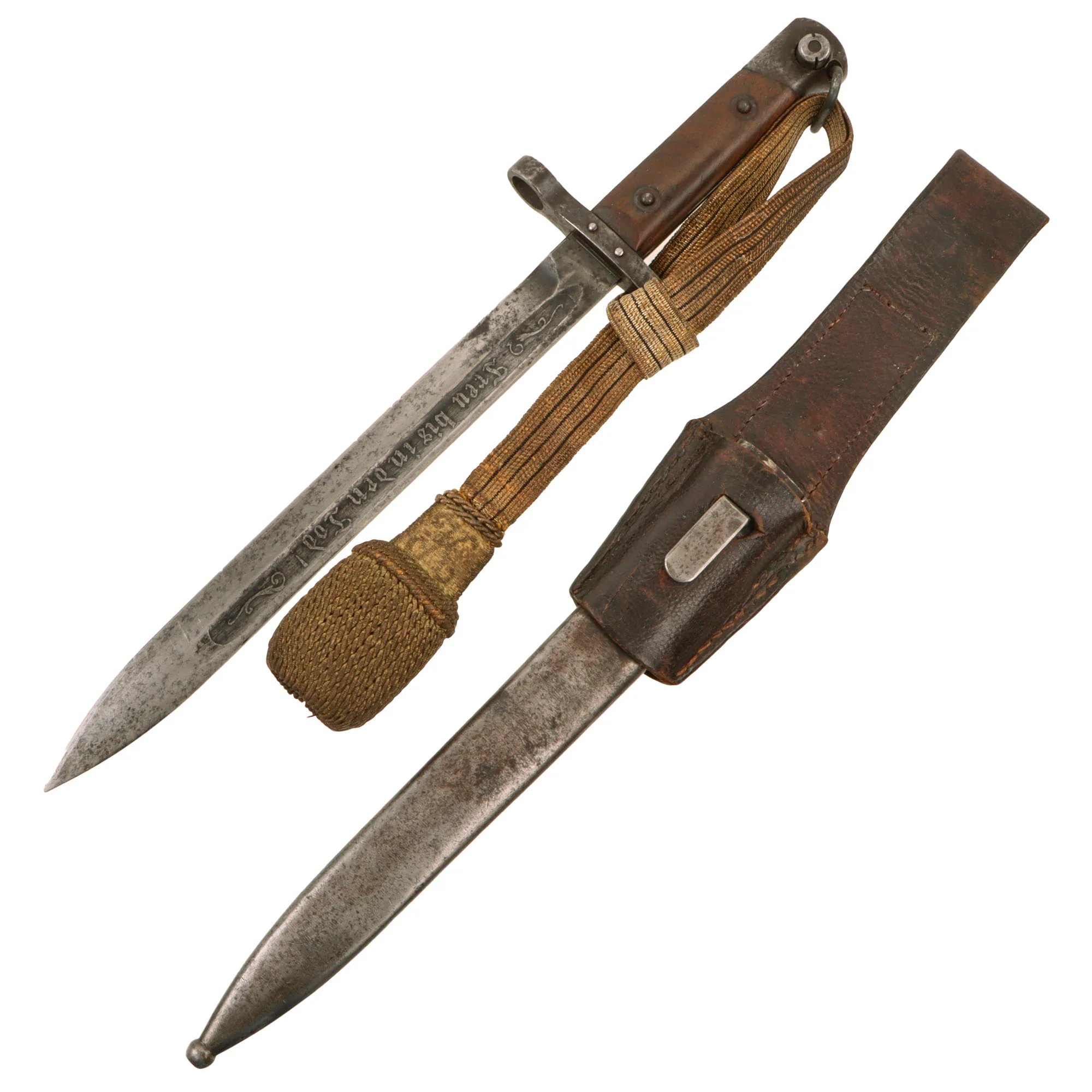 Original Austrian WWI Mannlicher M1895 NCO Bayonet by ŒWG Steyr with Hook Quillon, 'Loyal Until Death' Etched Blade & Troddle Knot - Featured in To The Hilt The Austrian Bayonet by David F. Machnicki — image 2