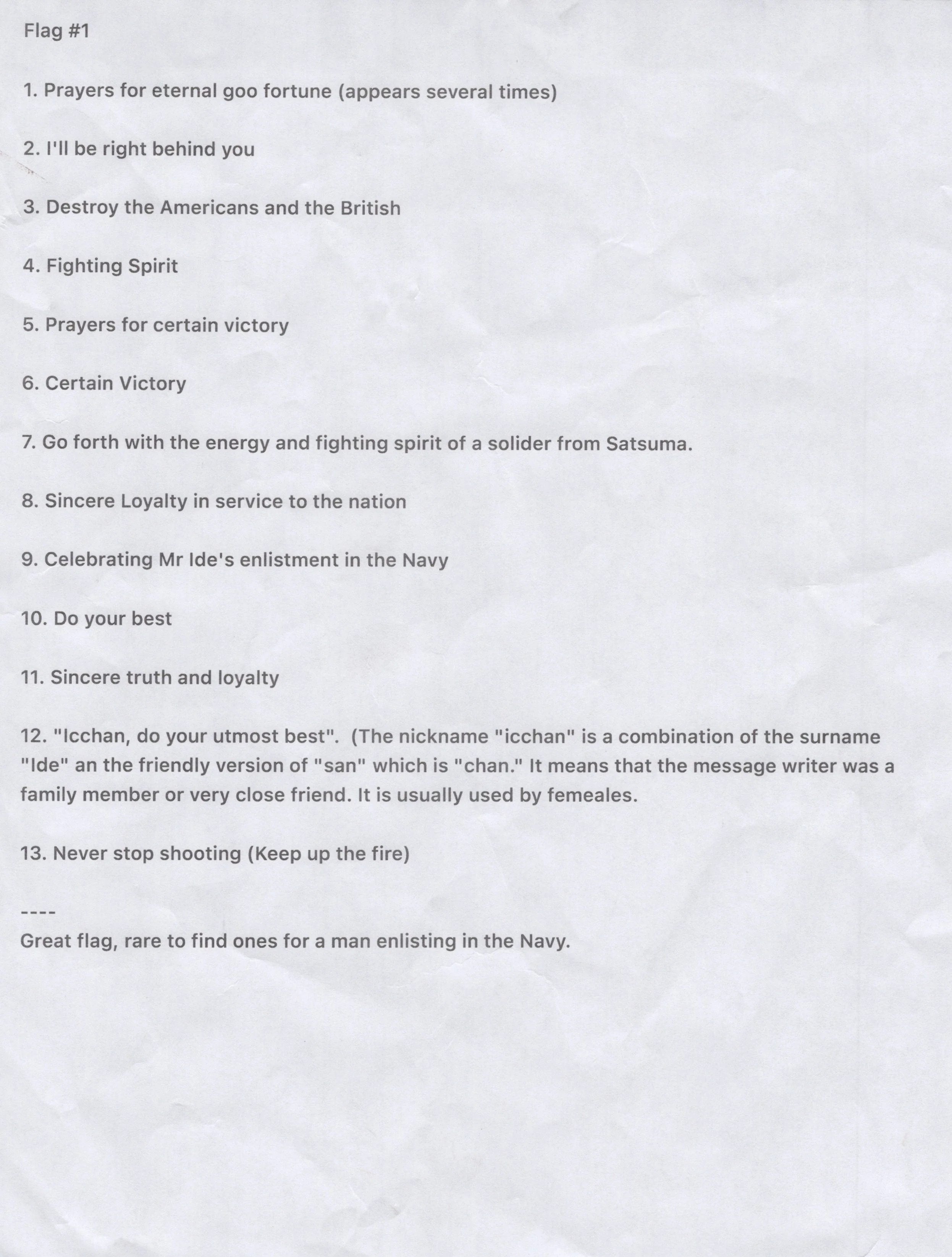 Original Japanese WWII Hand Painted Good Luck Flag for Japanese Navy Sailor Mr. Ide with Well Wishes & Page of Translations - 27 ½ x 30' — image 5