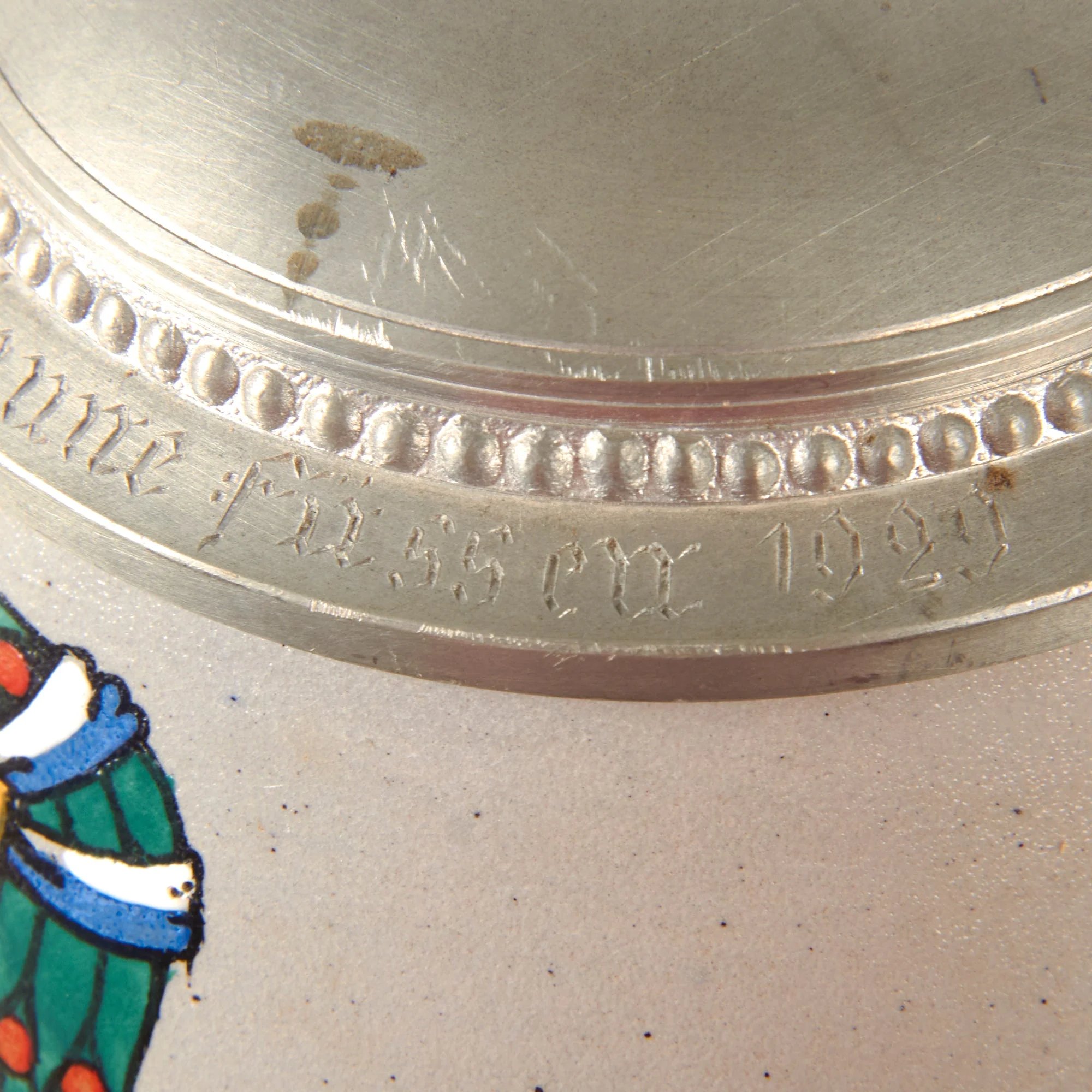 Original German Pre-WWII Reichswehr Wedding Celebration Lidded Beer Stein with Bavarian Füssen Medical Detachment Insignia & Medic Dedication on Lid - Dated 1929 — image 8