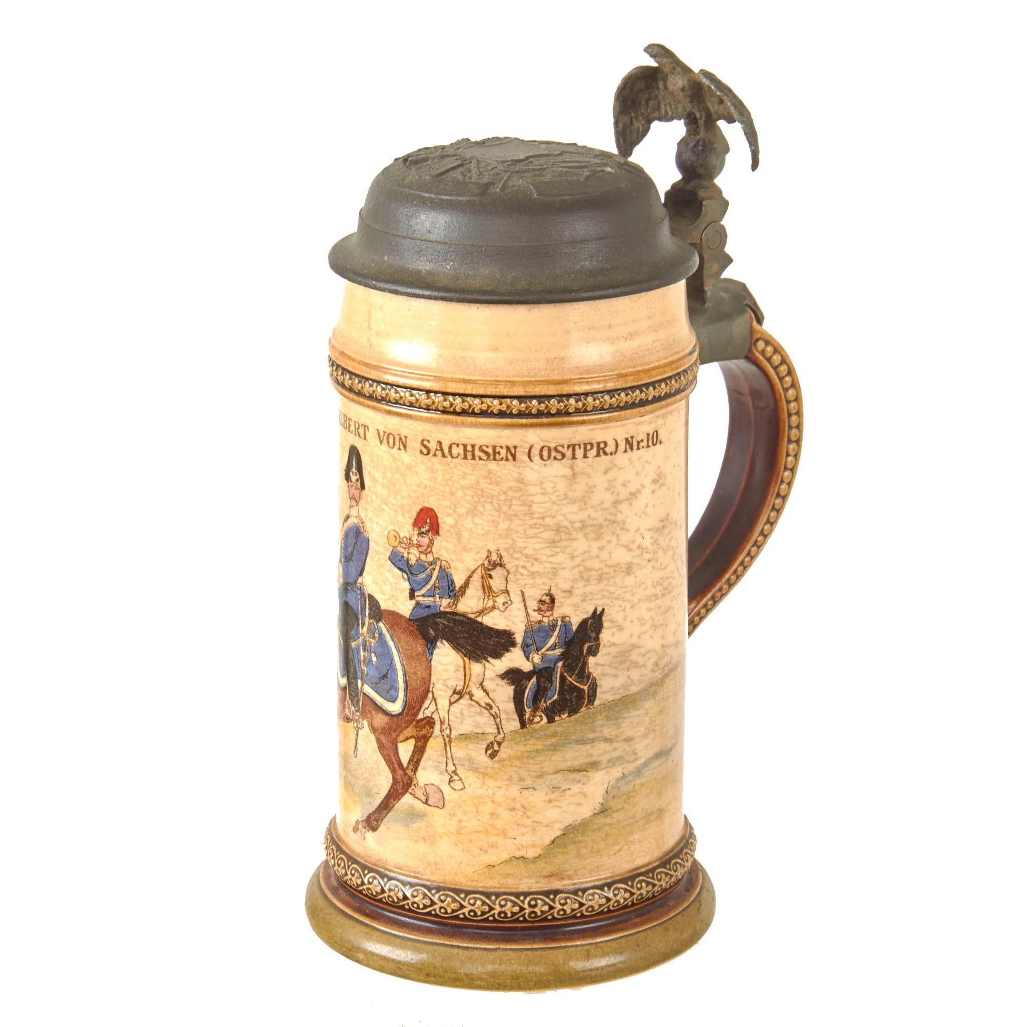 Original Imperial German Pre-WWI Saxony Dragoner-Regiment „König Albert von Sachsen' (Ostpreußisches) Nr. 10 Lidded Beer Stein by Niettlach - Dated 1895 — image 12
