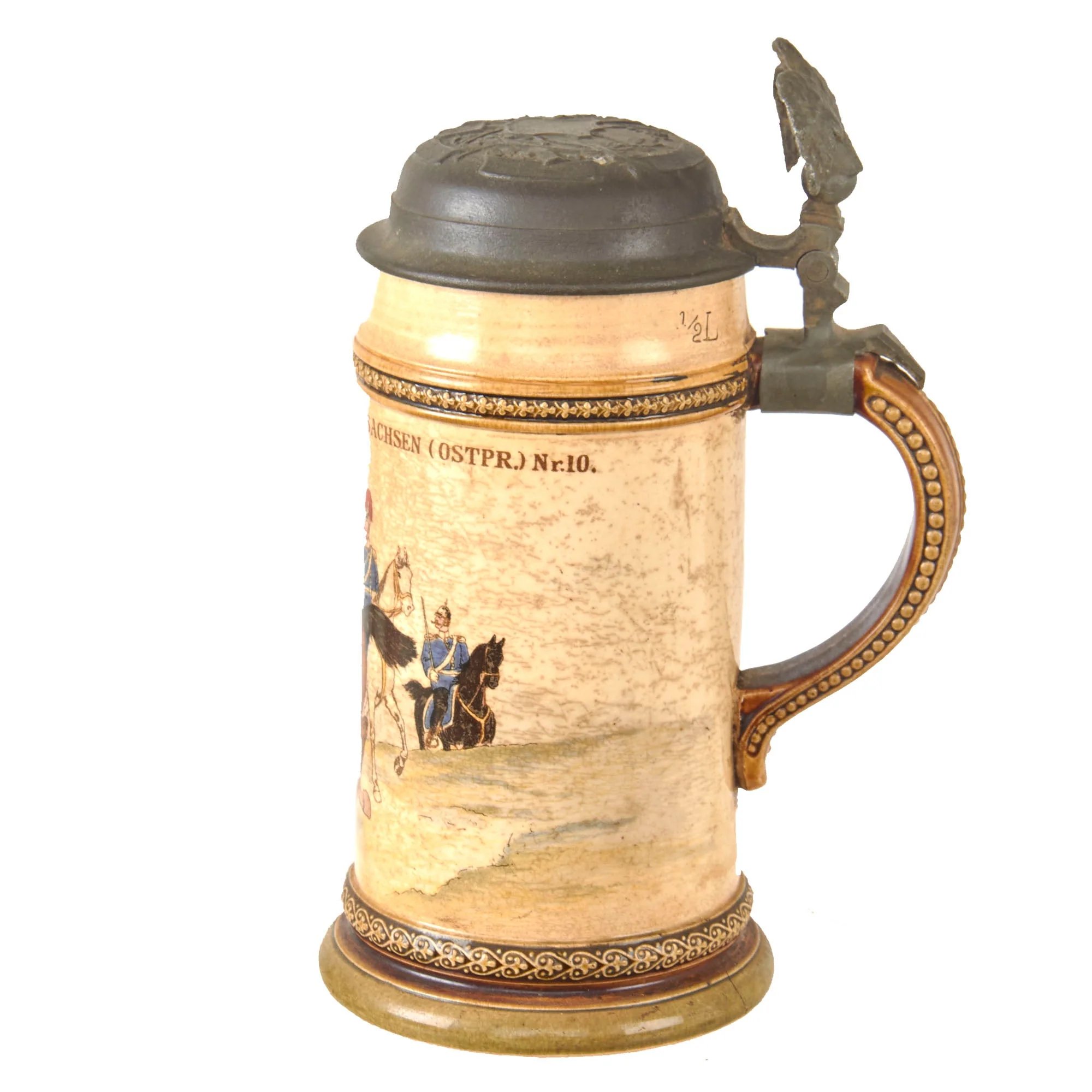Original Imperial German Pre-WWI Saxony Dragoner-Regiment „König Albert von Sachsen' (Ostpreußisches) Nr. 10 Lidded Beer Stein by Niettlach - Dated 1895 — image 13