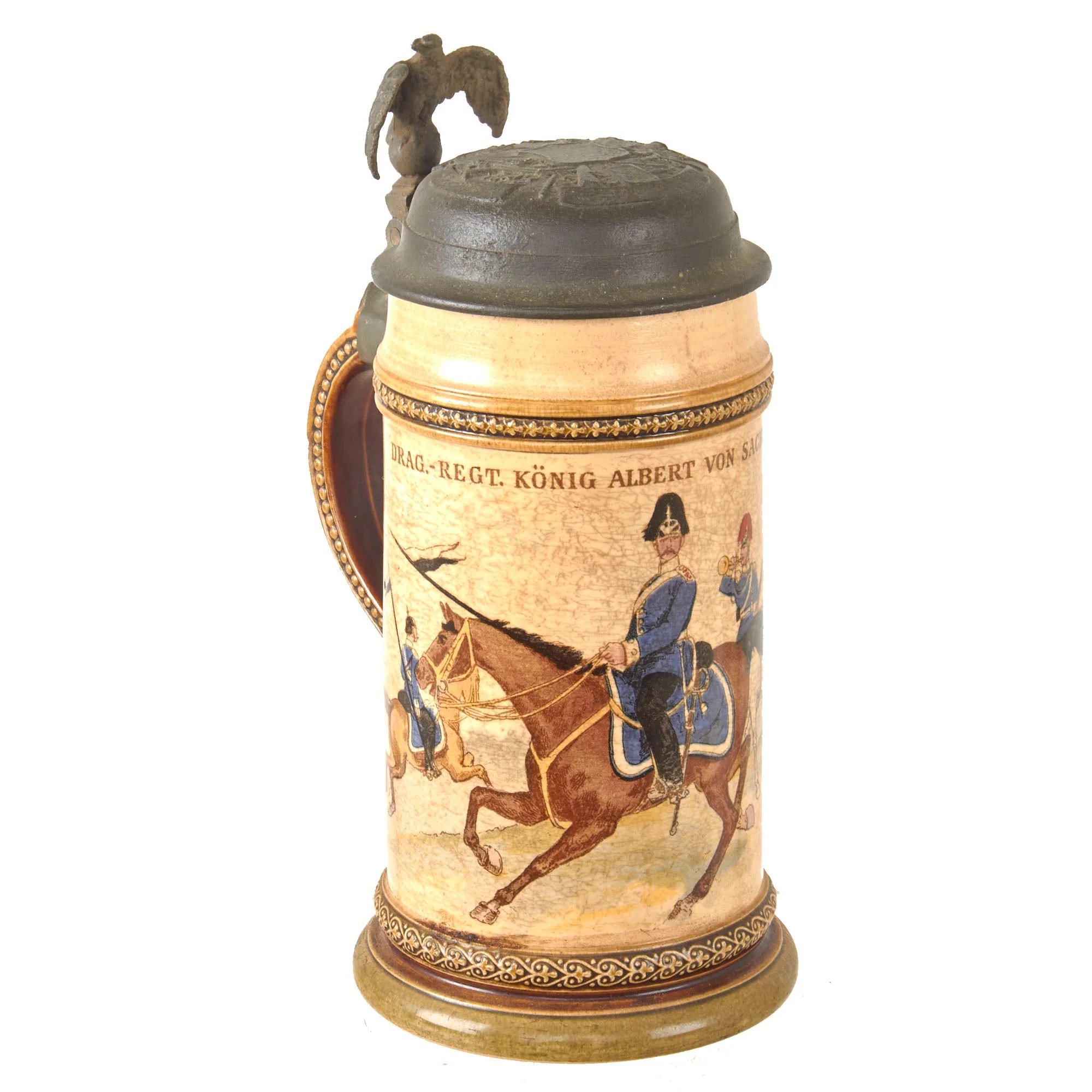 Original Imperial German Pre-WWI Saxony Dragoner-Regiment „König Albert von Sachsen' (Ostpreußisches) Nr. 10 Lidded Beer Stein by Niettlach - Dated 1895 — image 15