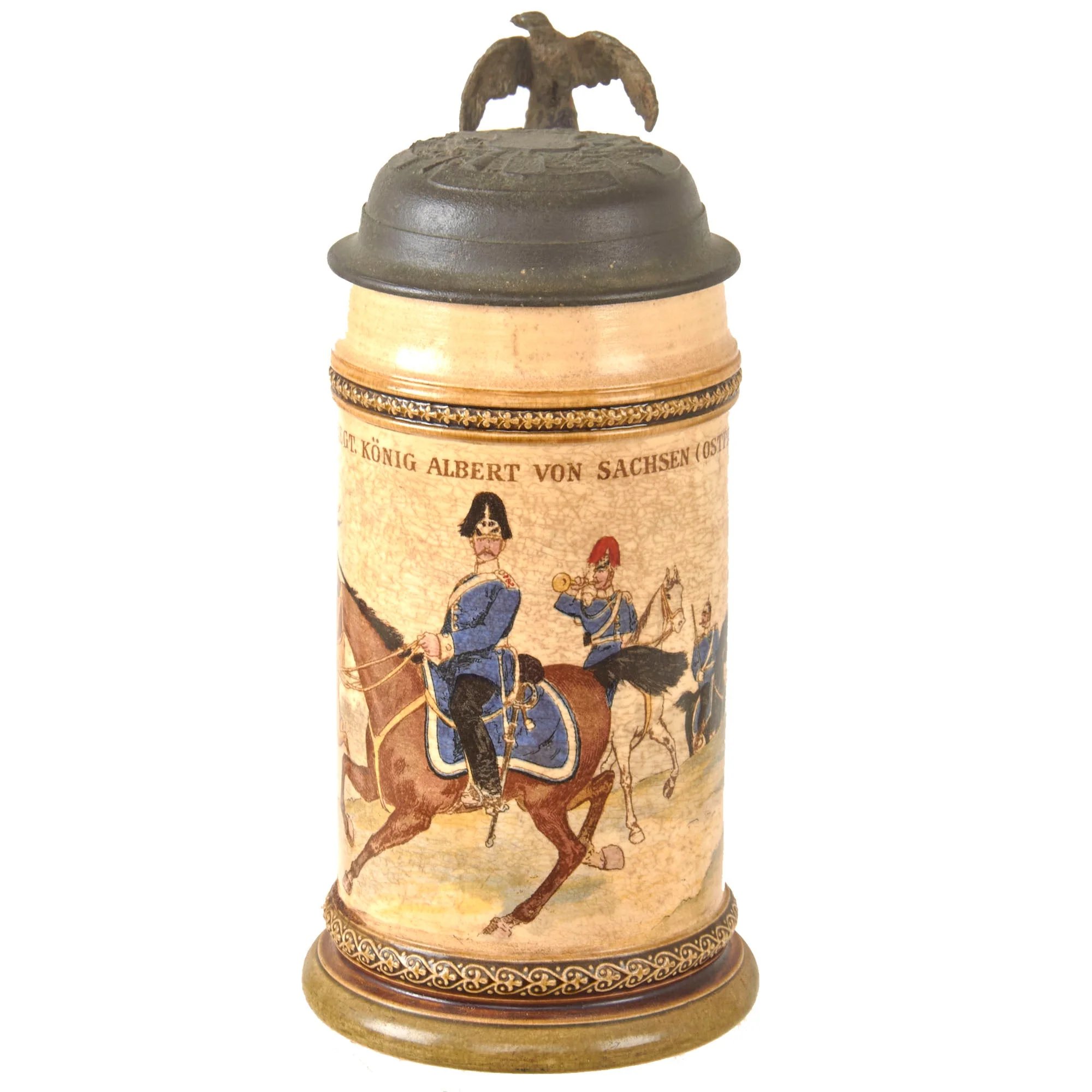 Original Imperial German Pre-WWI Saxony Dragoner-Regiment „König Albert von Sachsen' (Ostpreußisches) Nr. 10 Lidded Beer Stein by Niettlach - Dated 1895 — image 2