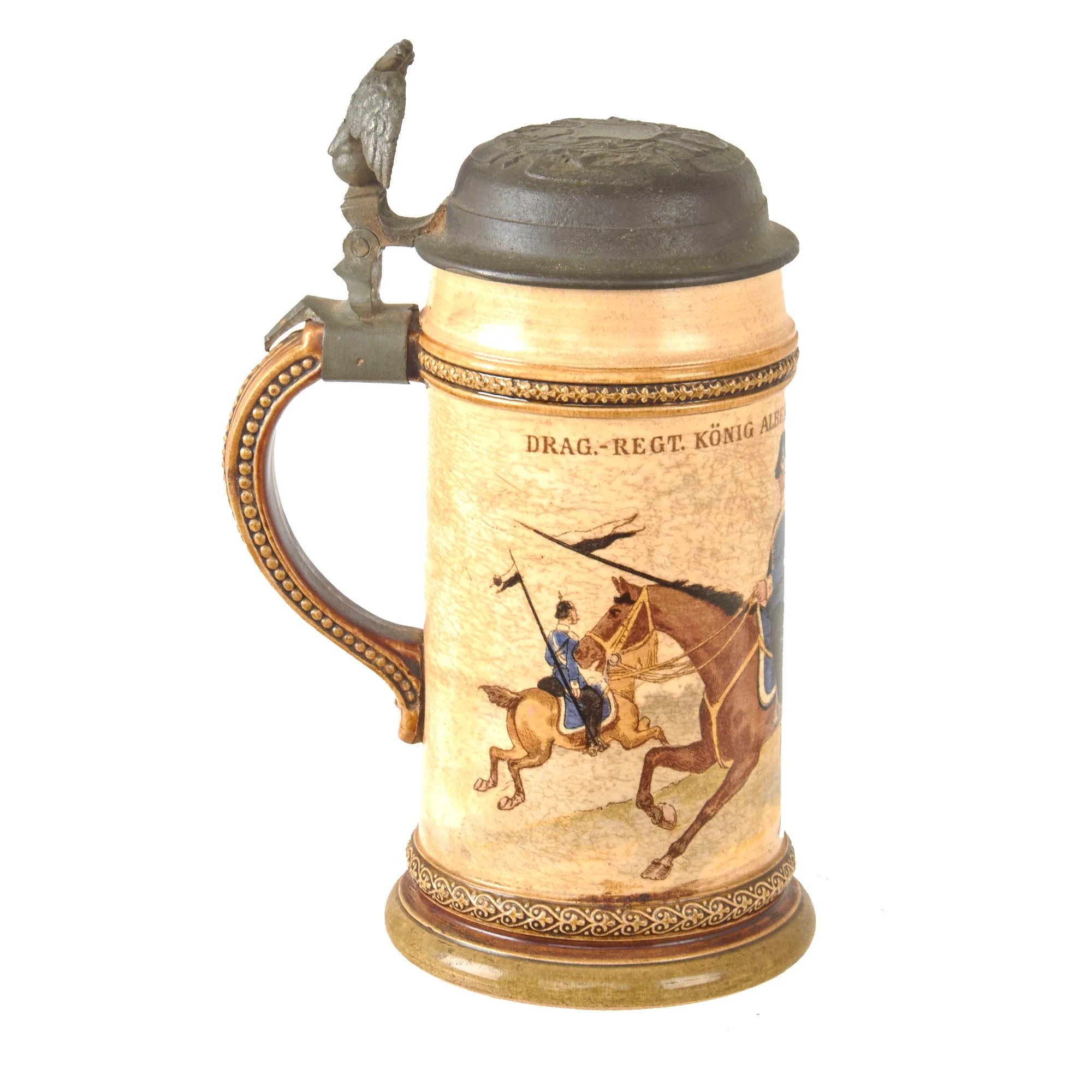 Original Imperial German Pre-WWI Saxony Dragoner-Regiment „König Albert von Sachsen' (Ostpreußisches) Nr. 10 Lidded Beer Stein by Niettlach - Dated 1895 — image 3