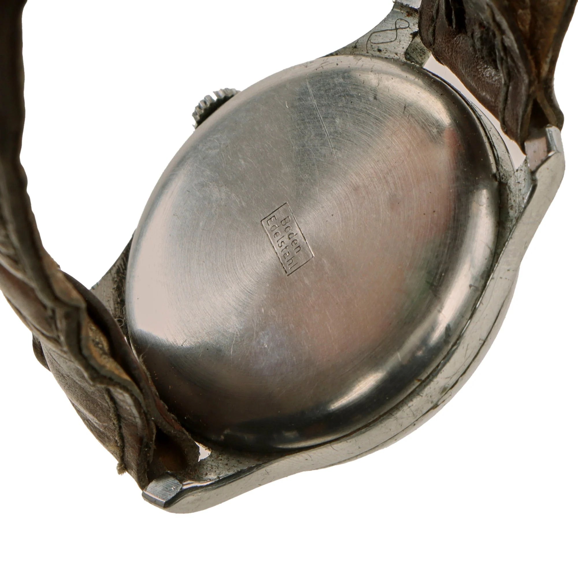 Original German WWII Private Purchase Wrist Watch Marked Boden Edelstahl with Original Brown Leather Band - Functional — image 3