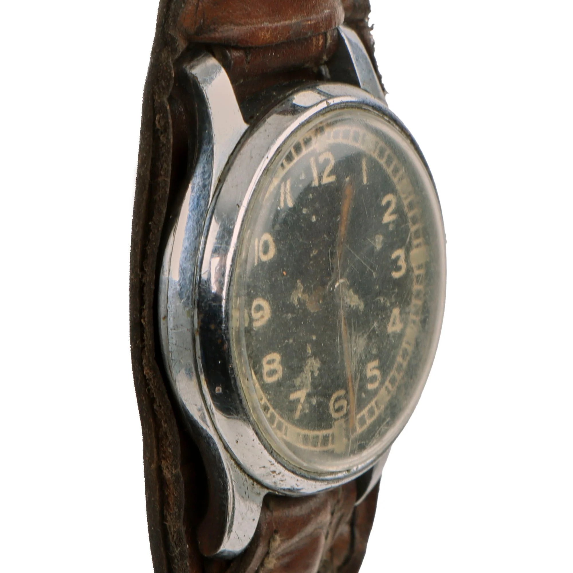 Original German WWII Private Purchase Wrist Watch Marked Boden Edelstahl with Original Brown Leather Band - Functional — image 4