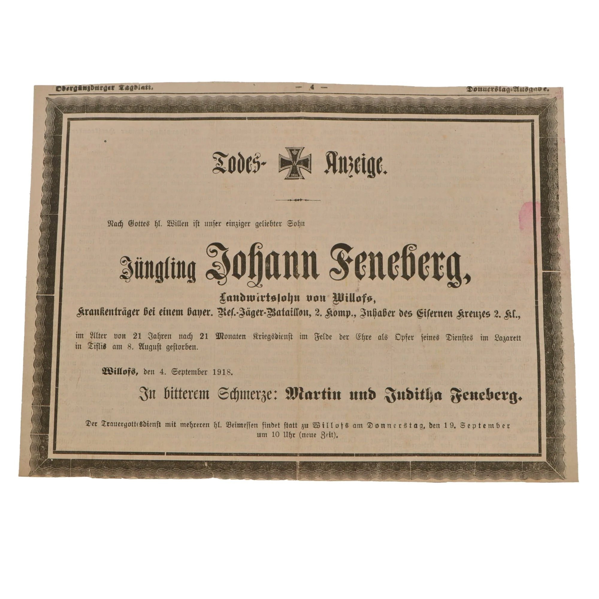 Original Imperial German WWI Prussian Iron Cross 2nd Class 1914 with Ribbon and Soldier's Death Notice Taken from Newspaper - Johann Feneberg, Reserve Jager Battalion Stretcher Bearer — image 3