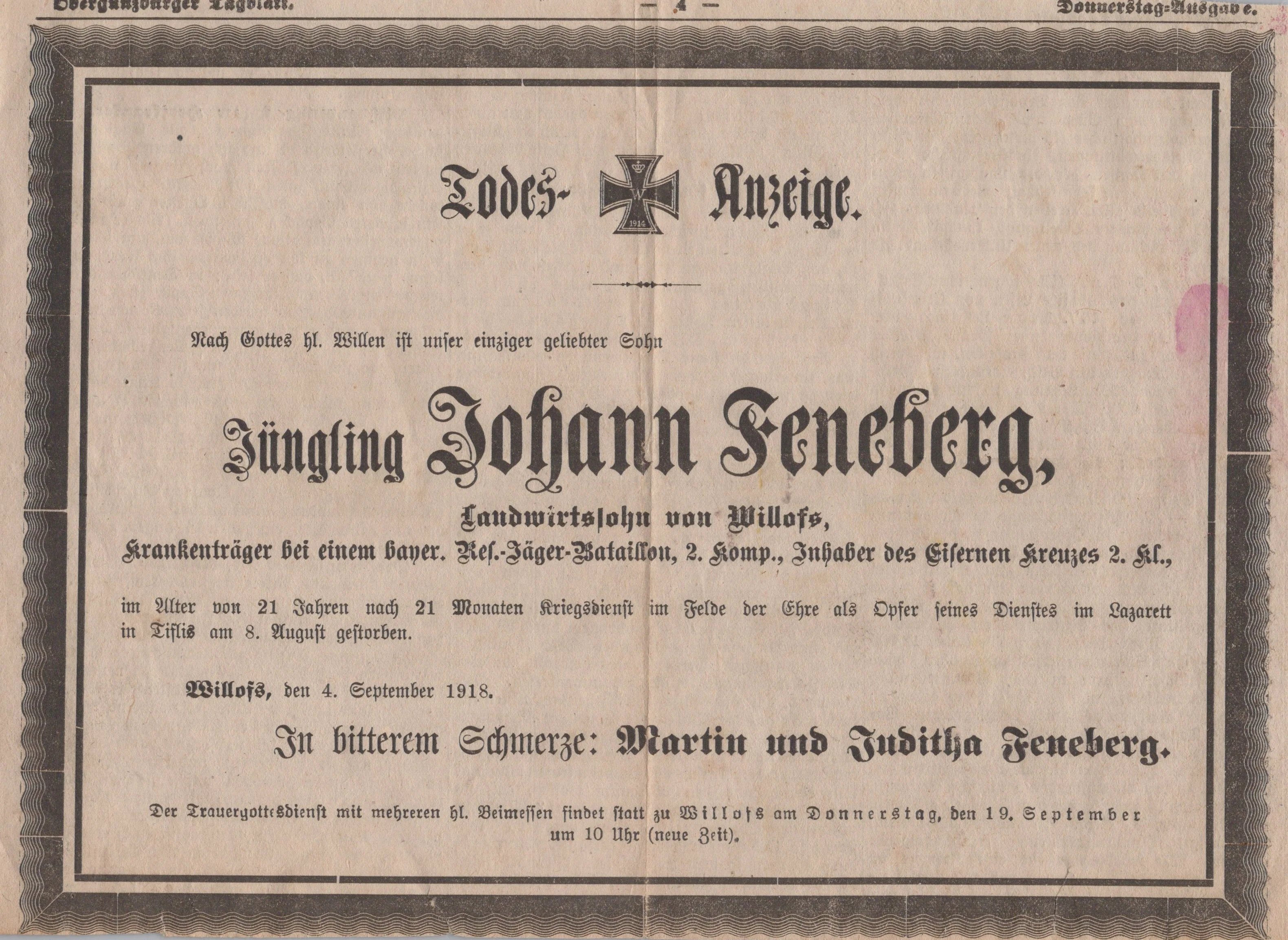 Original Imperial German WWI Prussian Iron Cross 2nd Class 1914 with Ribbon and Soldier's Death Notice Taken from Newspaper - Johann Feneberg, Reserve Jager Battalion Stretcher Bearer — image 9