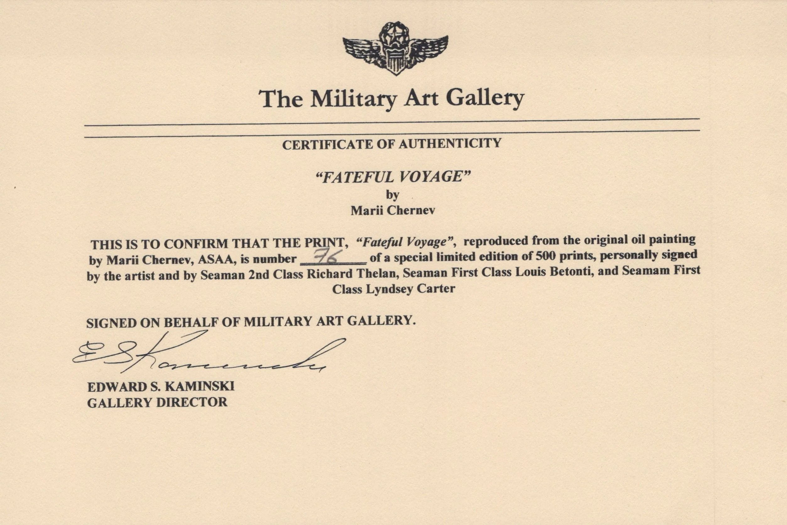 Original Signed Limited Edition Print: 'Fateful Voyage: The U.S.S. Indianapolis, July 30th, 1945' by Marii Chernev Signed by 41 Survivors of the Sinking - 76/500 - 27 x 36' — image 10