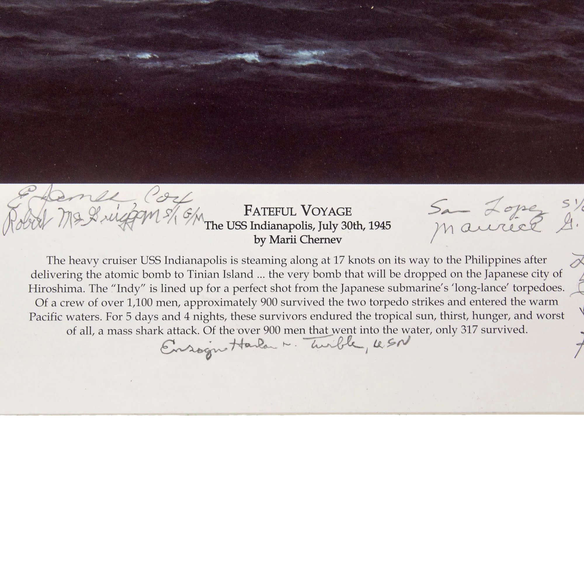 Original Signed Limited Edition Print: 'Fateful Voyage: The U.S.S. Indianapolis, July 30th, 1945' by Marii Chernev Signed by 41 Survivors of the Sinking - 76/500 - 27 x 36' — image 11